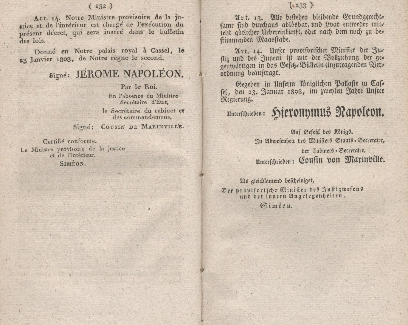 Königliches Dekret vom 23. Januar 1808, welches eine Erläuterung des 13. Artikels der Constitution enthält, der die Leibeigenschaft aufhebt