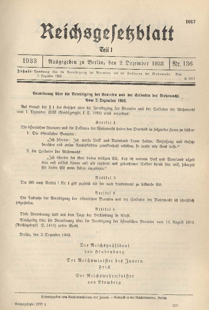 Bild zum Dokument Verordnung über die Vereidigung der Beamten und der Soldaten d