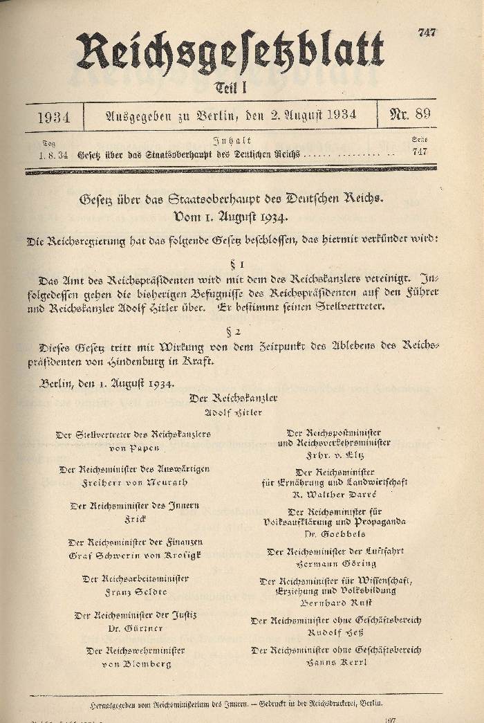 Bild zum Dokument Gesetz über das Staatsoberhaupt des Deutschen Reiches