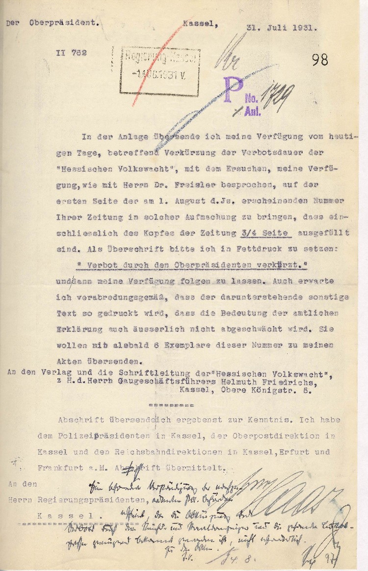 Aufforderung an die Redaktion der "Hessischen Volkswacht" zum Abdruck der Verfügung des Oberpräsidenten betreffend der Verkürzung des Verbots