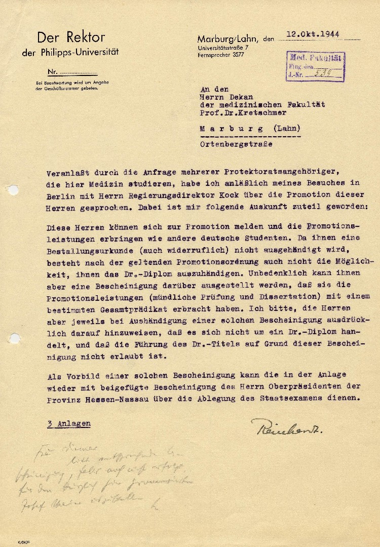 Bild zum Dokument Mitteilung an den Dekan der medizinischen Fakultät der Philipp