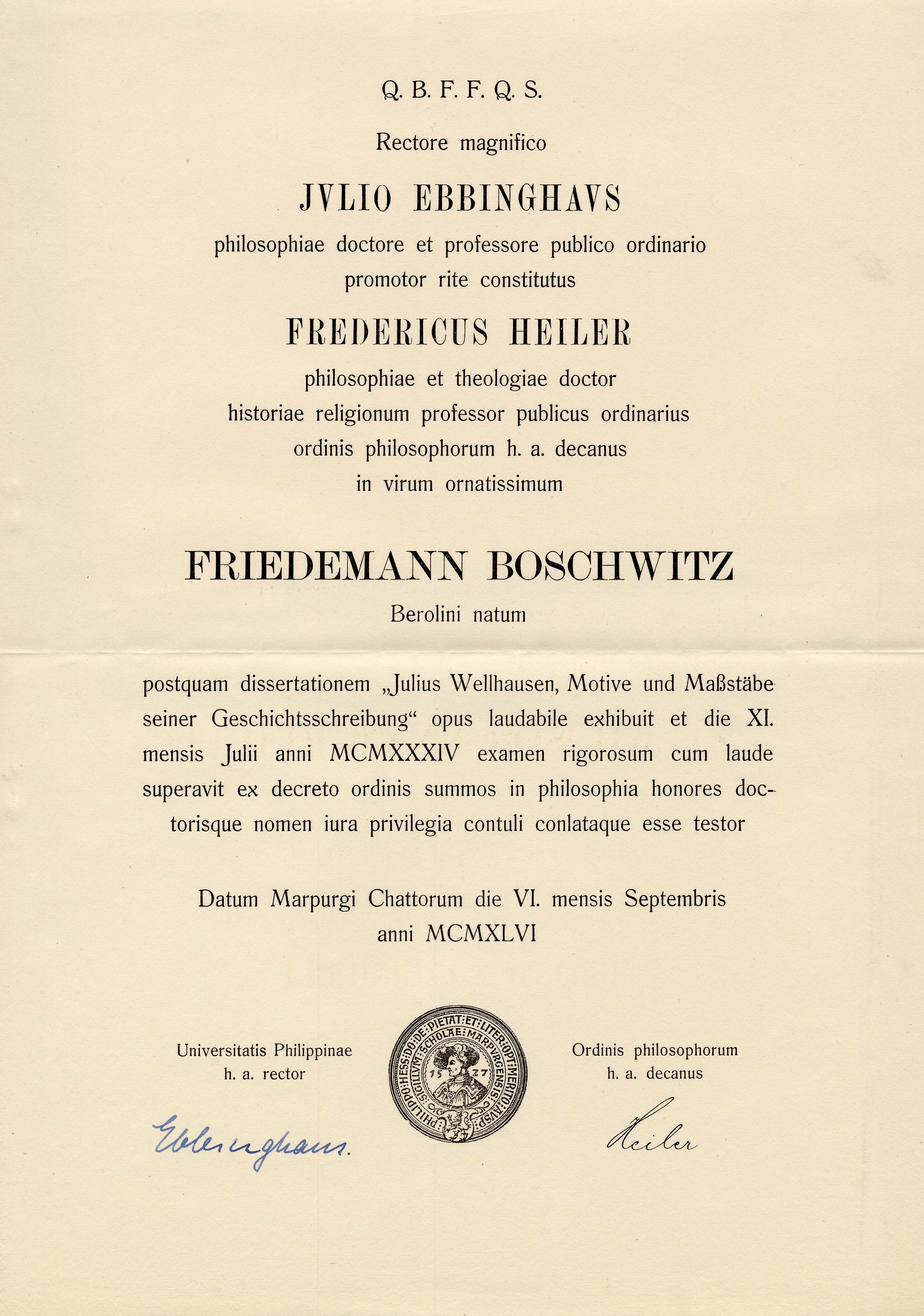Doktordiplom Friedemann Boschwitz, 6. September 1946 Bild zum Dokument Doktordiplom Dr. Friedemann Boschwitz, 6. September 1946