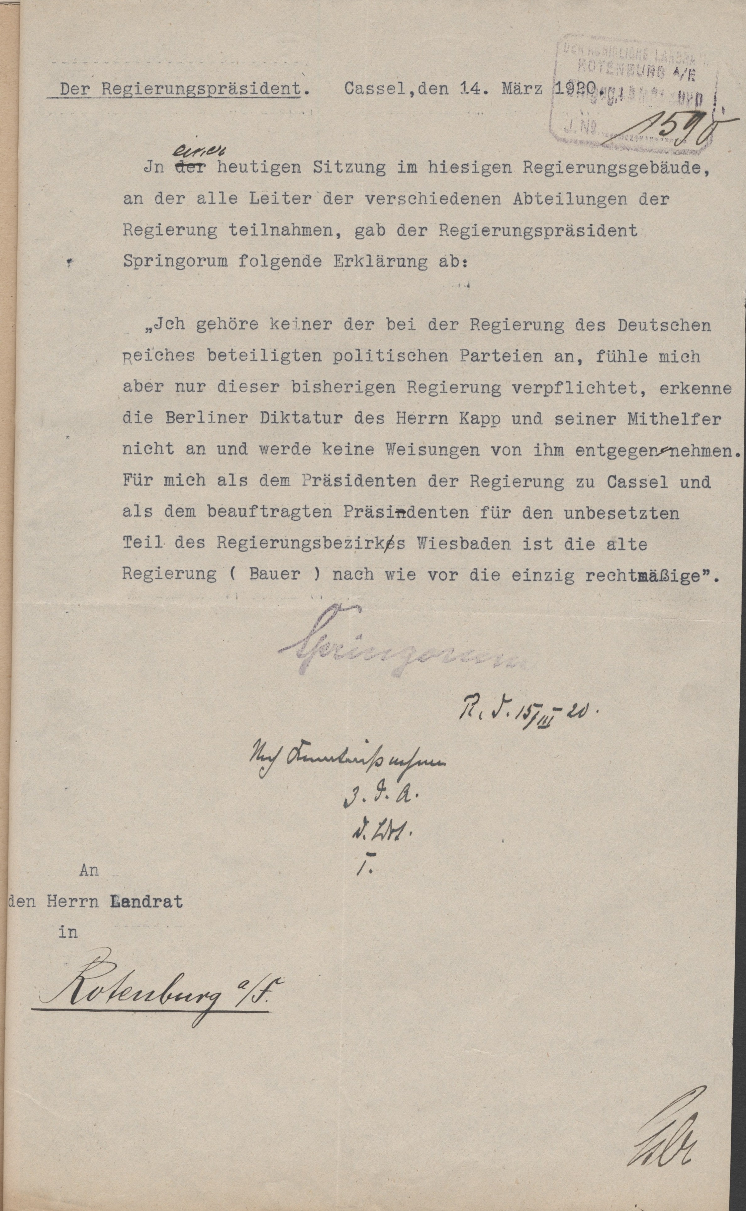 Treueerklärung des Regierungspräsidenten zur Regierung nach dem Kapp-Putsch, 14. März 1920
