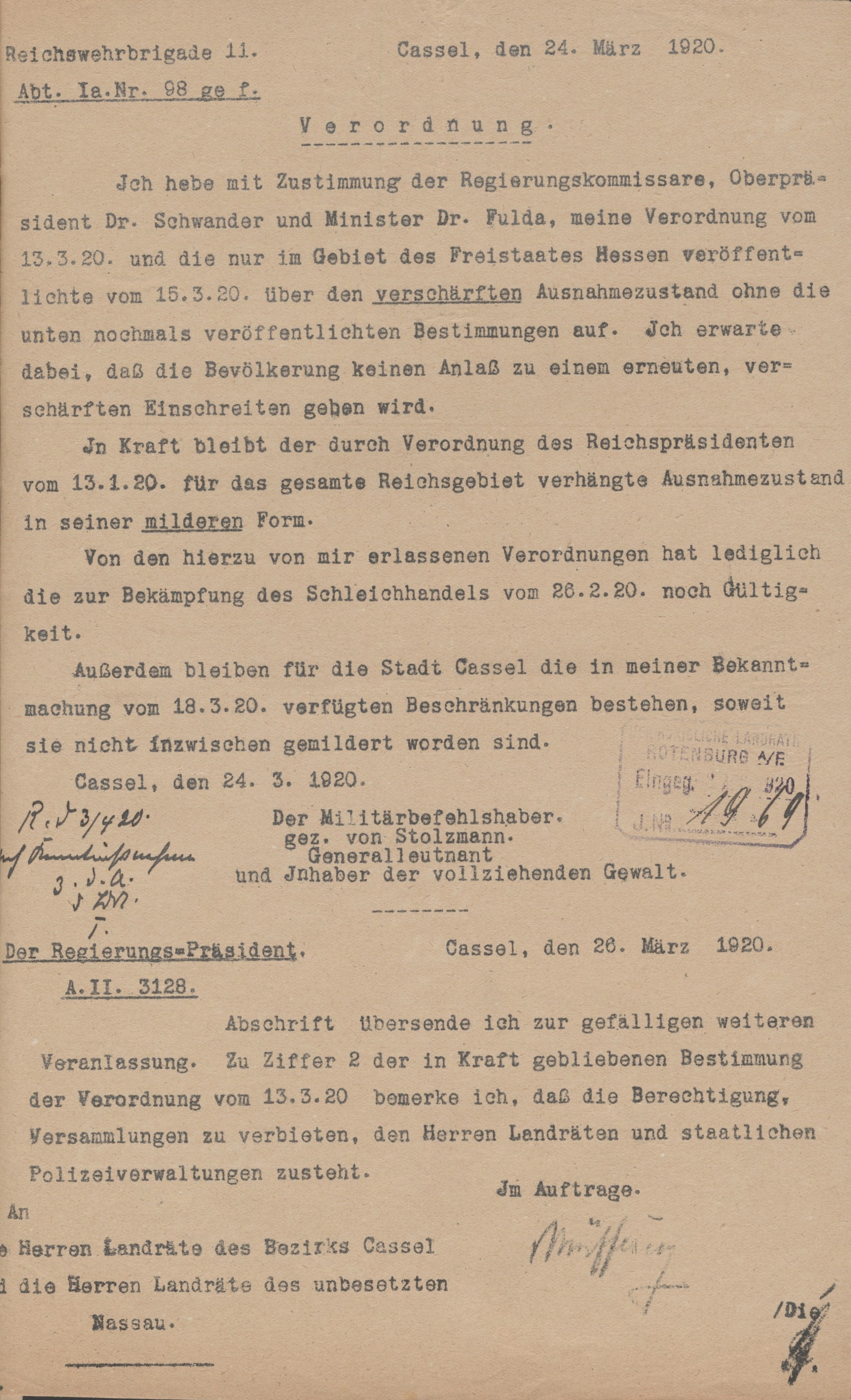 Rücksetzung des verschärften Ausnahmezustandes, 24. März 1920