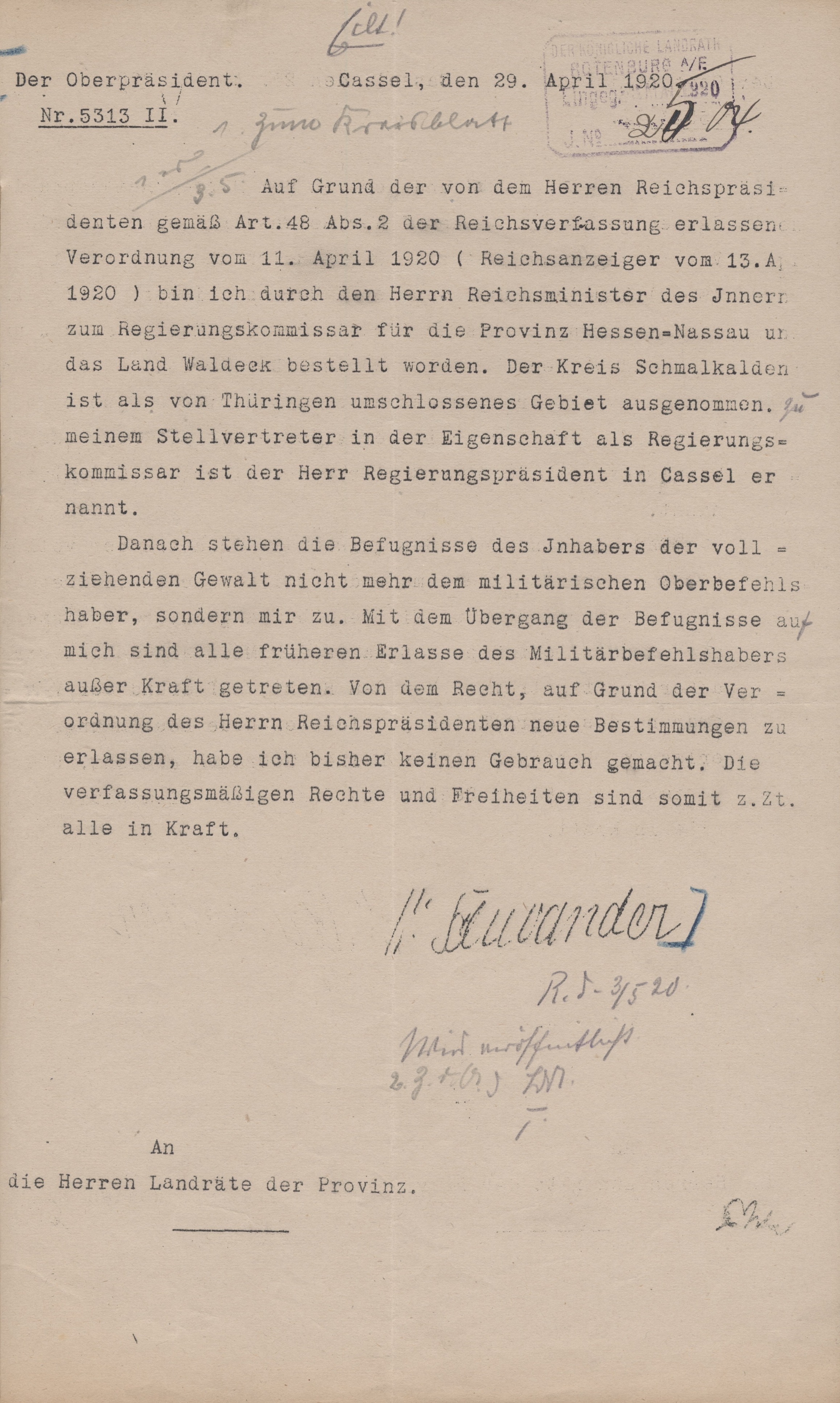 Aufhebung des Ausnahmezustandes, 19. April 1920