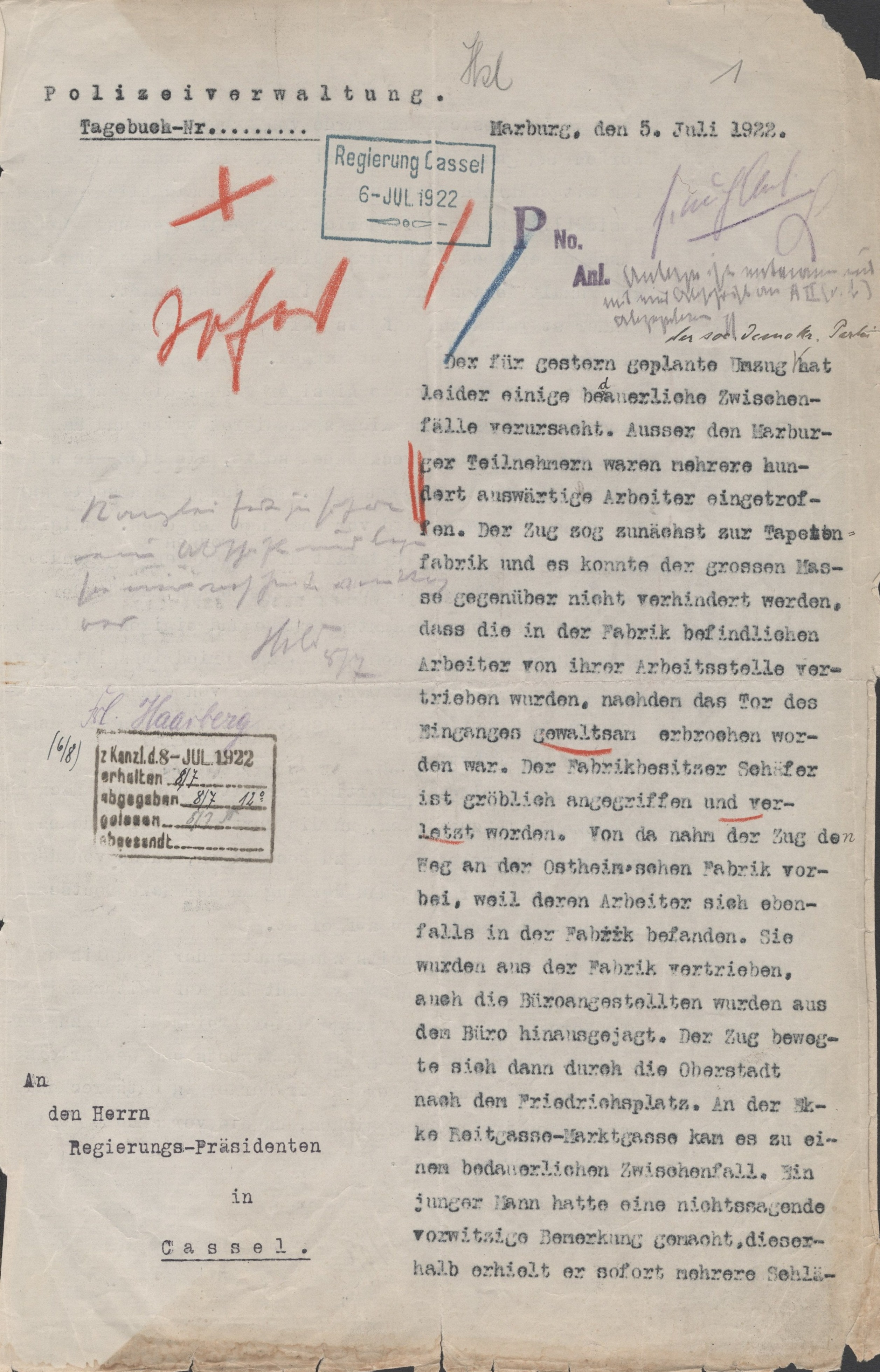 Lagebericht an den Regierungspräsidenten in Kassel vom 5. Juli 1922