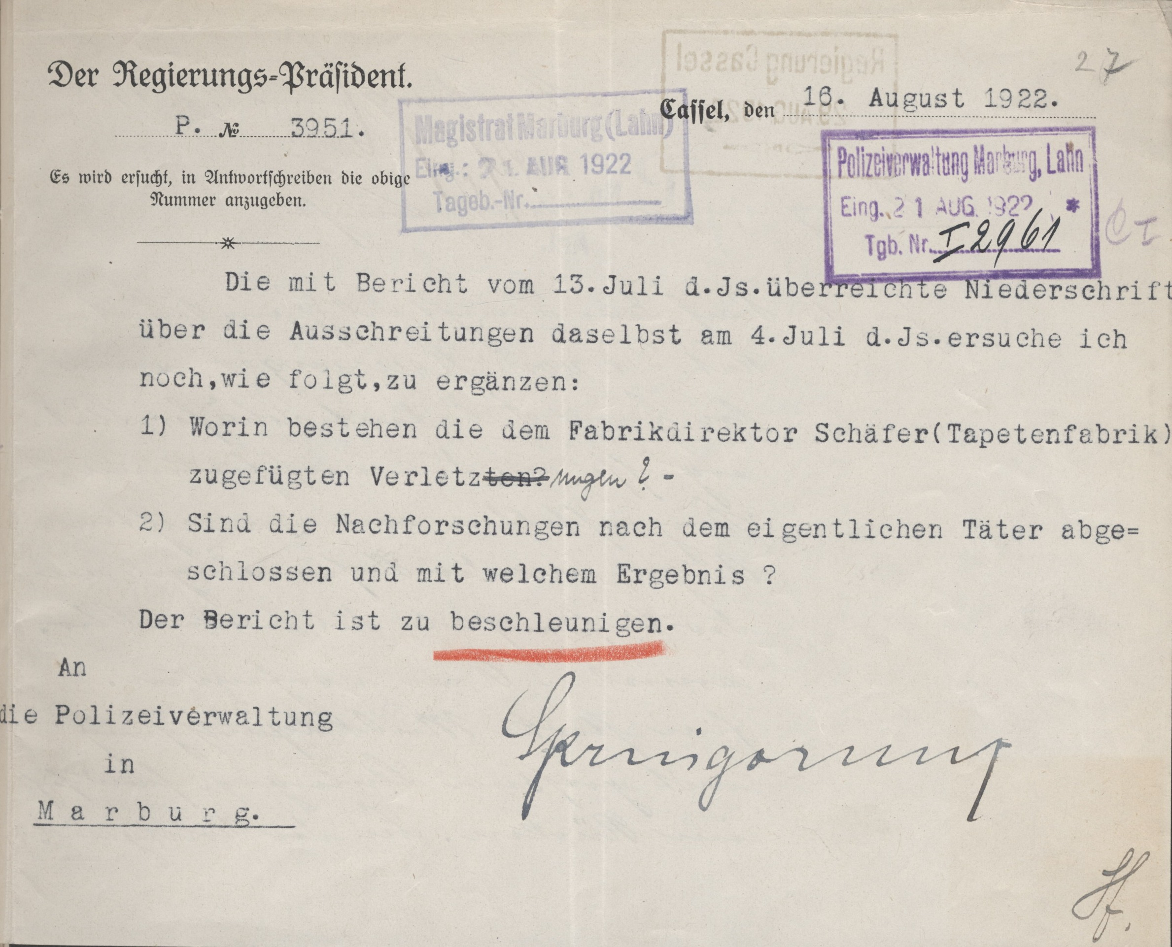 Ermittlungsbeschleunigung vom 16. August 1922