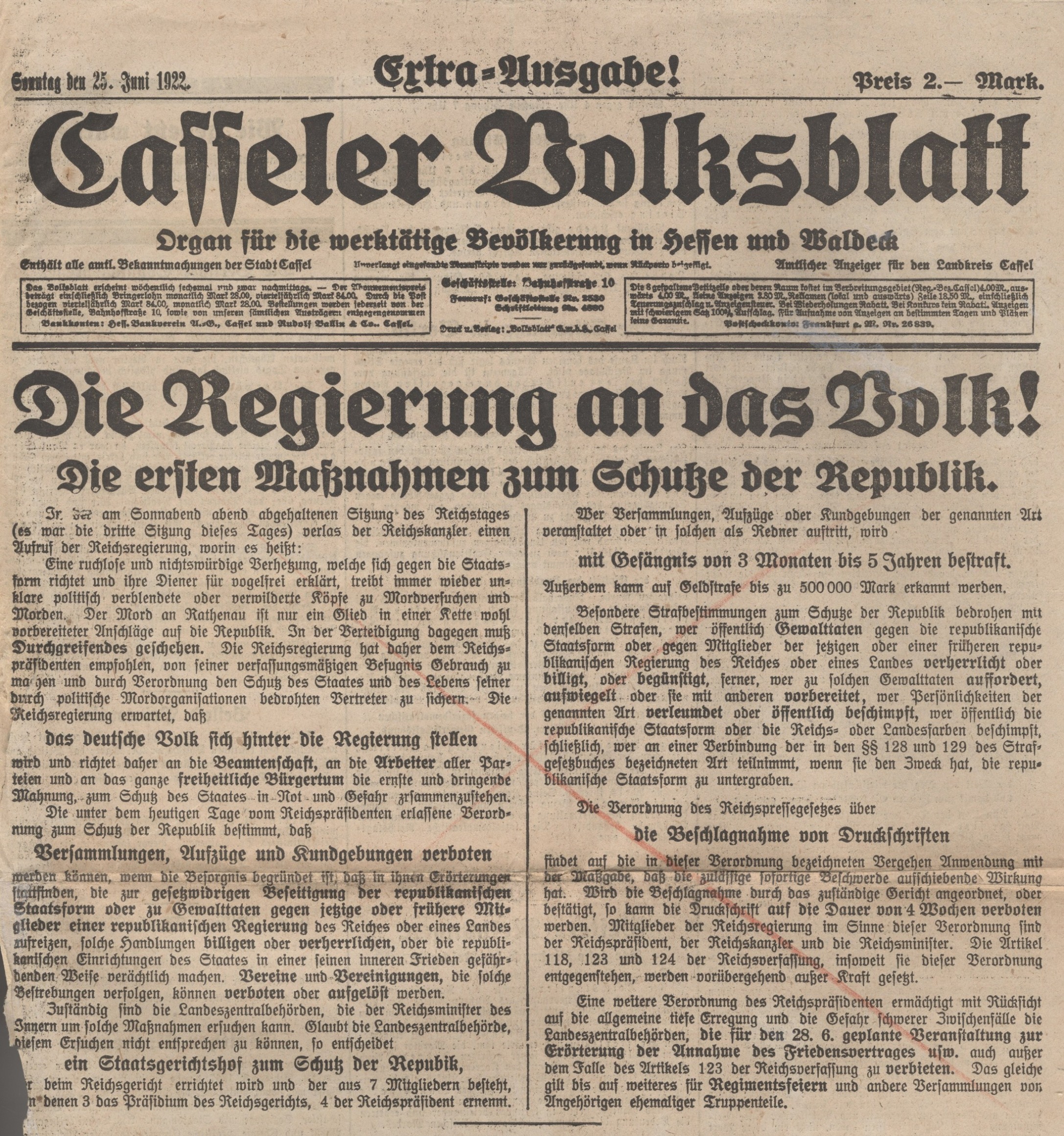 Zeitungsberichte zu der Maßnahmen zum Schutze der Republik aus den Jahren 1922-23