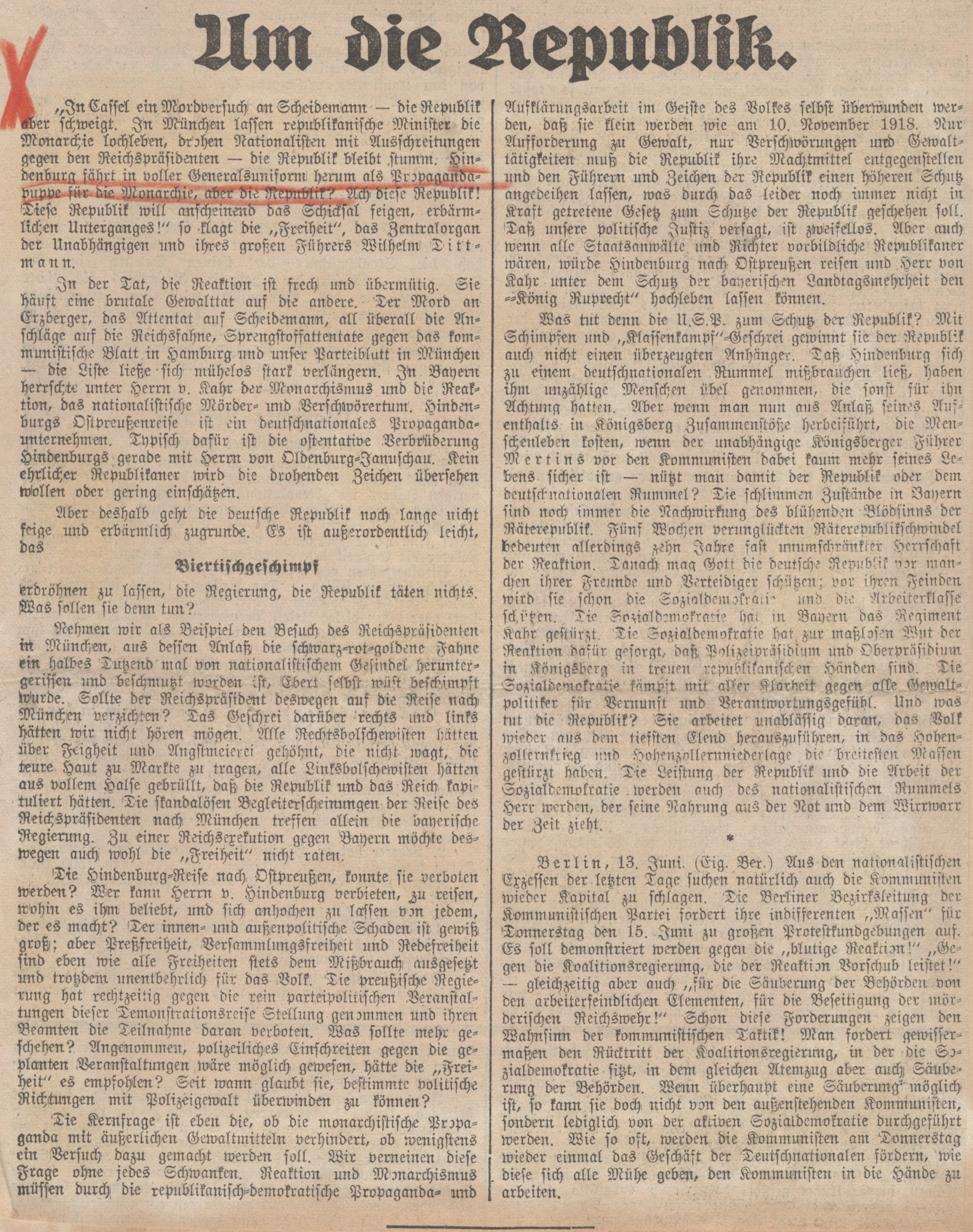 Zeitungsberichte zu der Maßnahmen zum Schutze der Republik aus den Jahren 1922-23