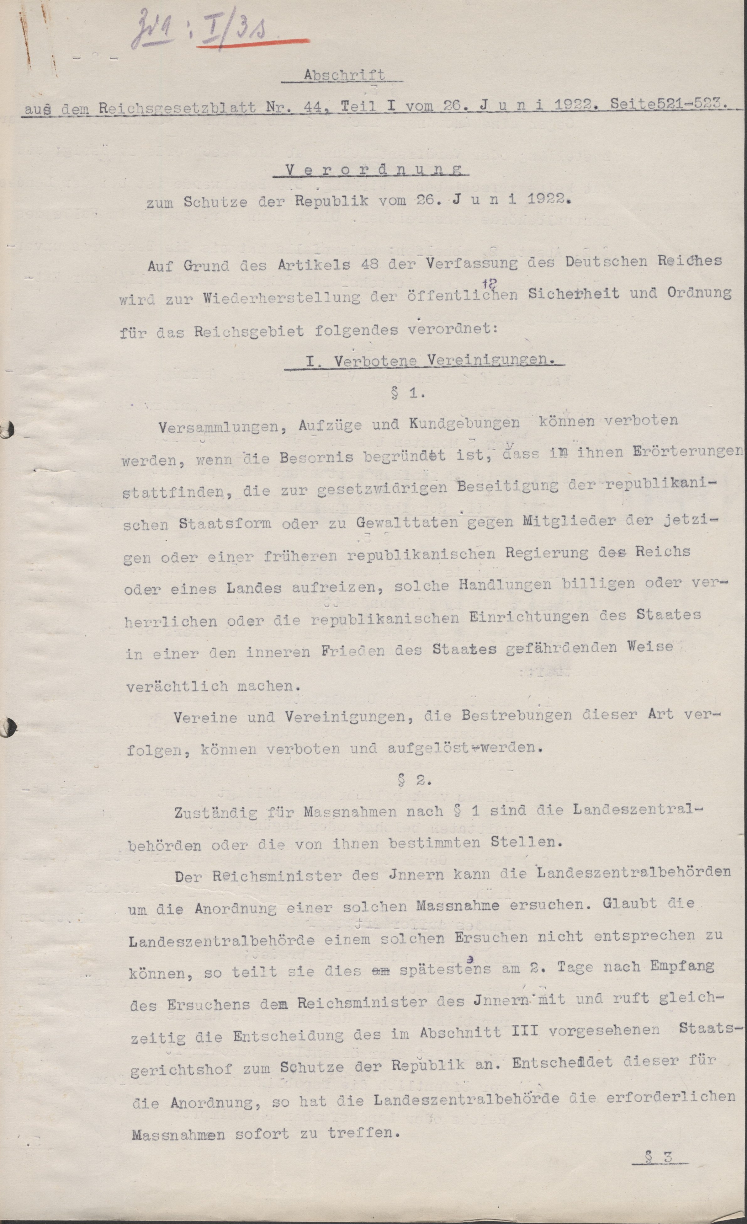 Republikschutzgesetz - Vorabausfertigung vom 26. Juni 1922