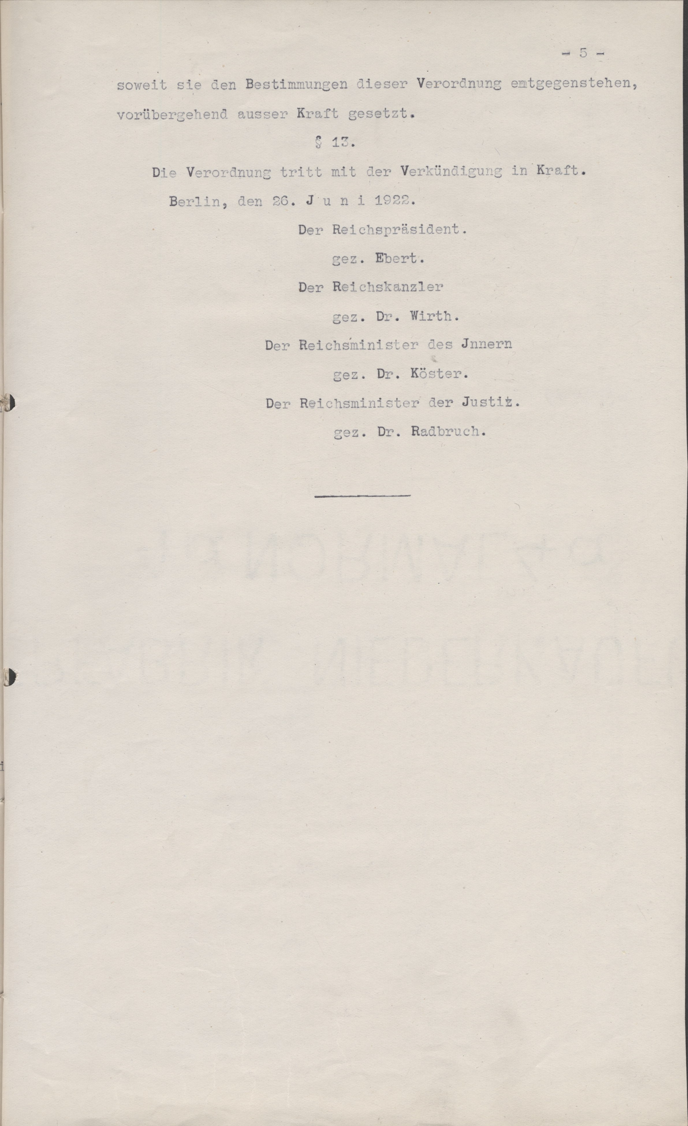 Republikschutzgesetz - Vorabausfertigung vom 26. Juni 1922