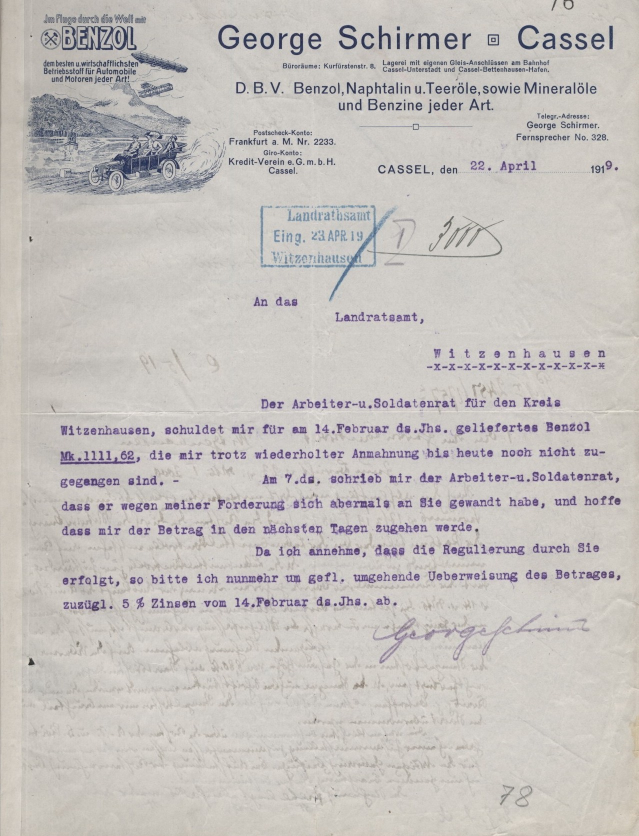 Mahnung vom 22. April 1919