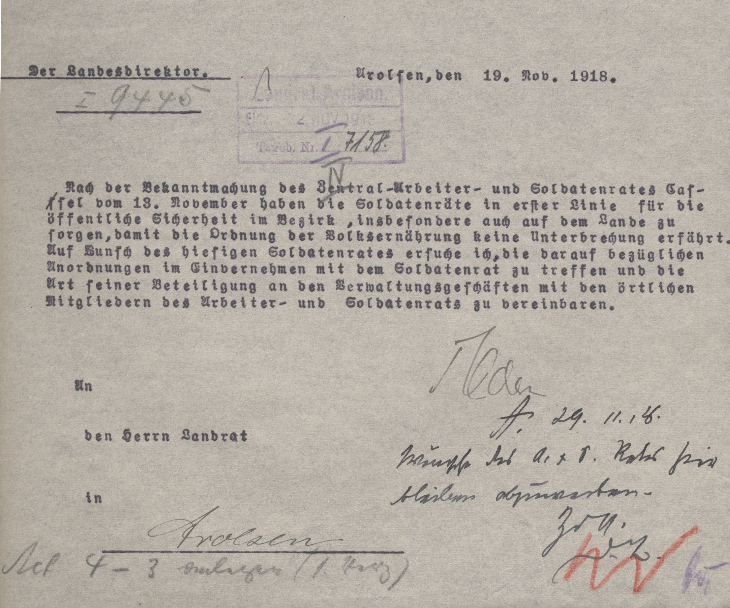 Gründung des Arbeiter- und Soldatenrates im Fürstentum Waldeck Pyrmont vom 13. November 1918