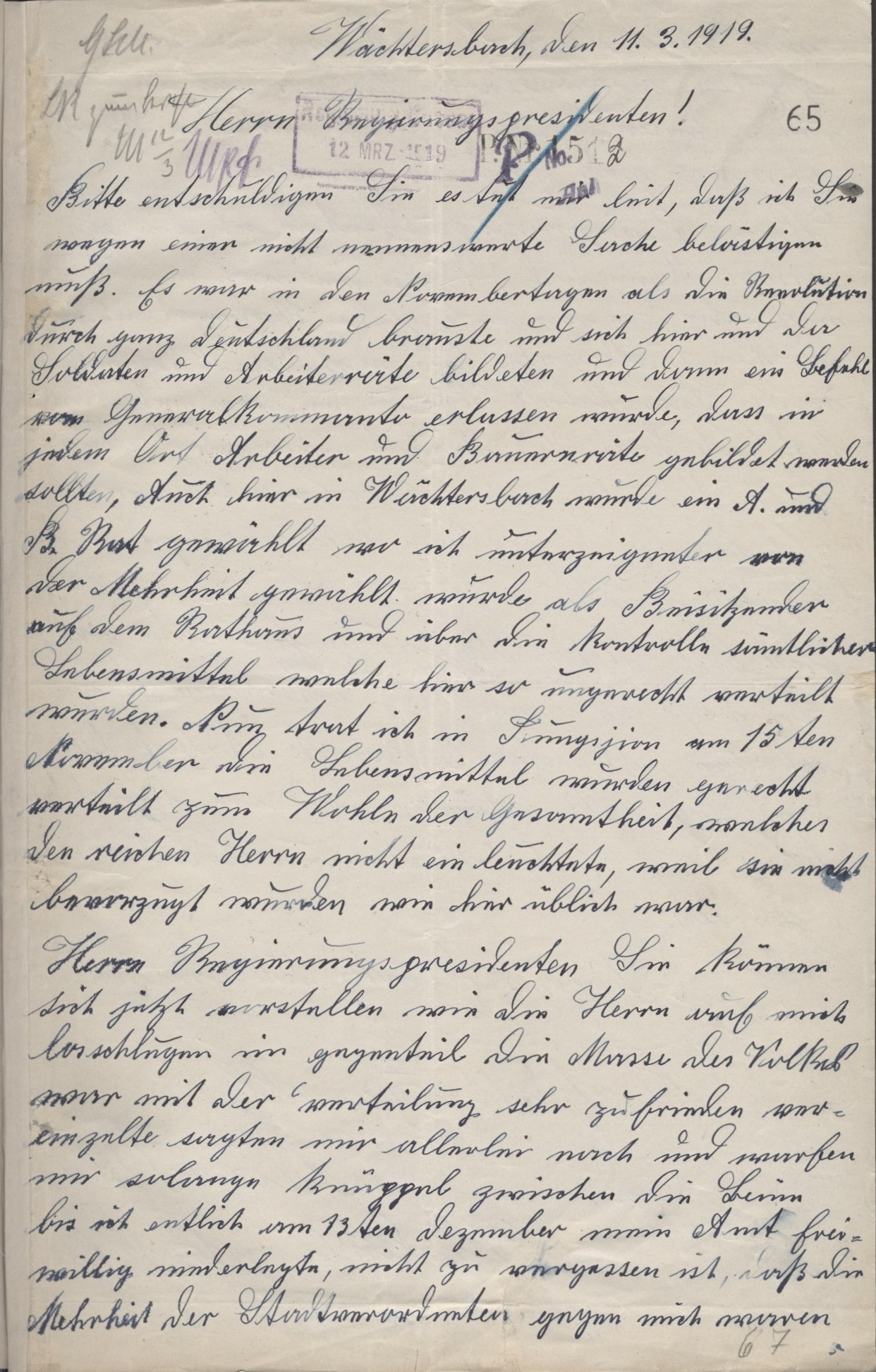 Antrag auf Vergütung für die Dienste im AuS-Rat vom 11. März 1919