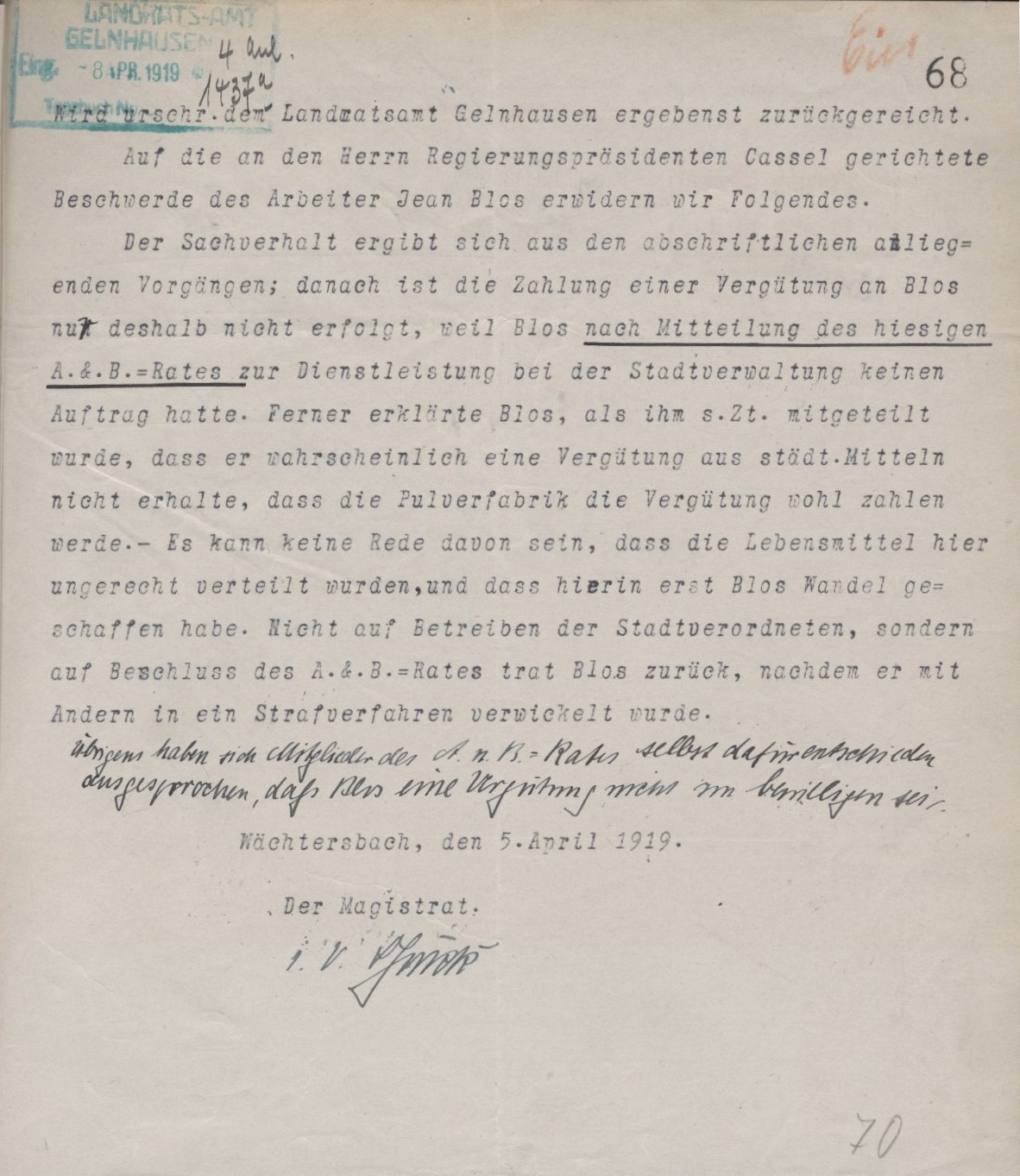 Ablehnung des Antrags auf Vergütung für die Dienste im AuS-Rat von Jean Blos vom 6. April 1919
