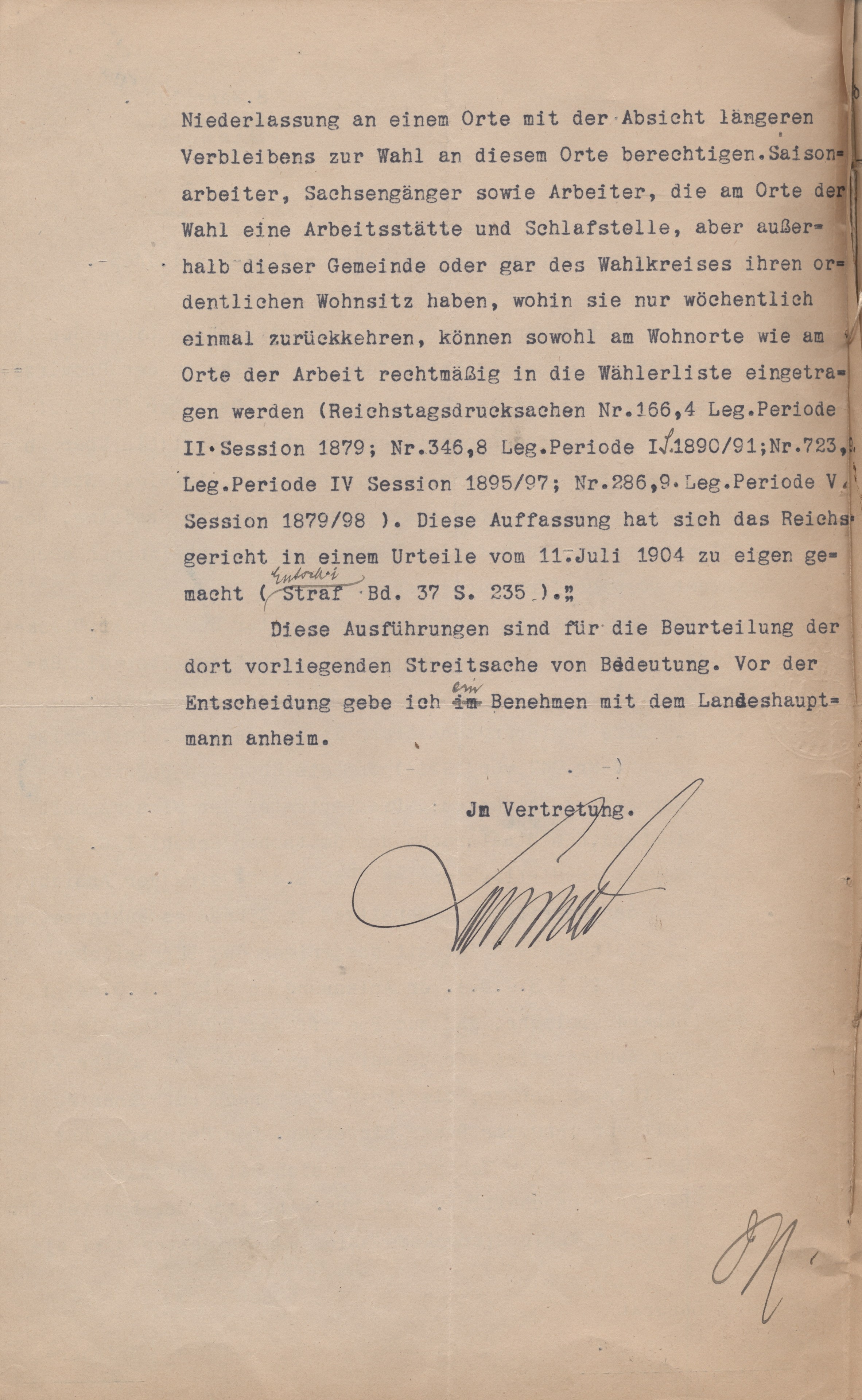Definition des Wohnsitzes für die Wahlberechtigung vom 8. März 1921