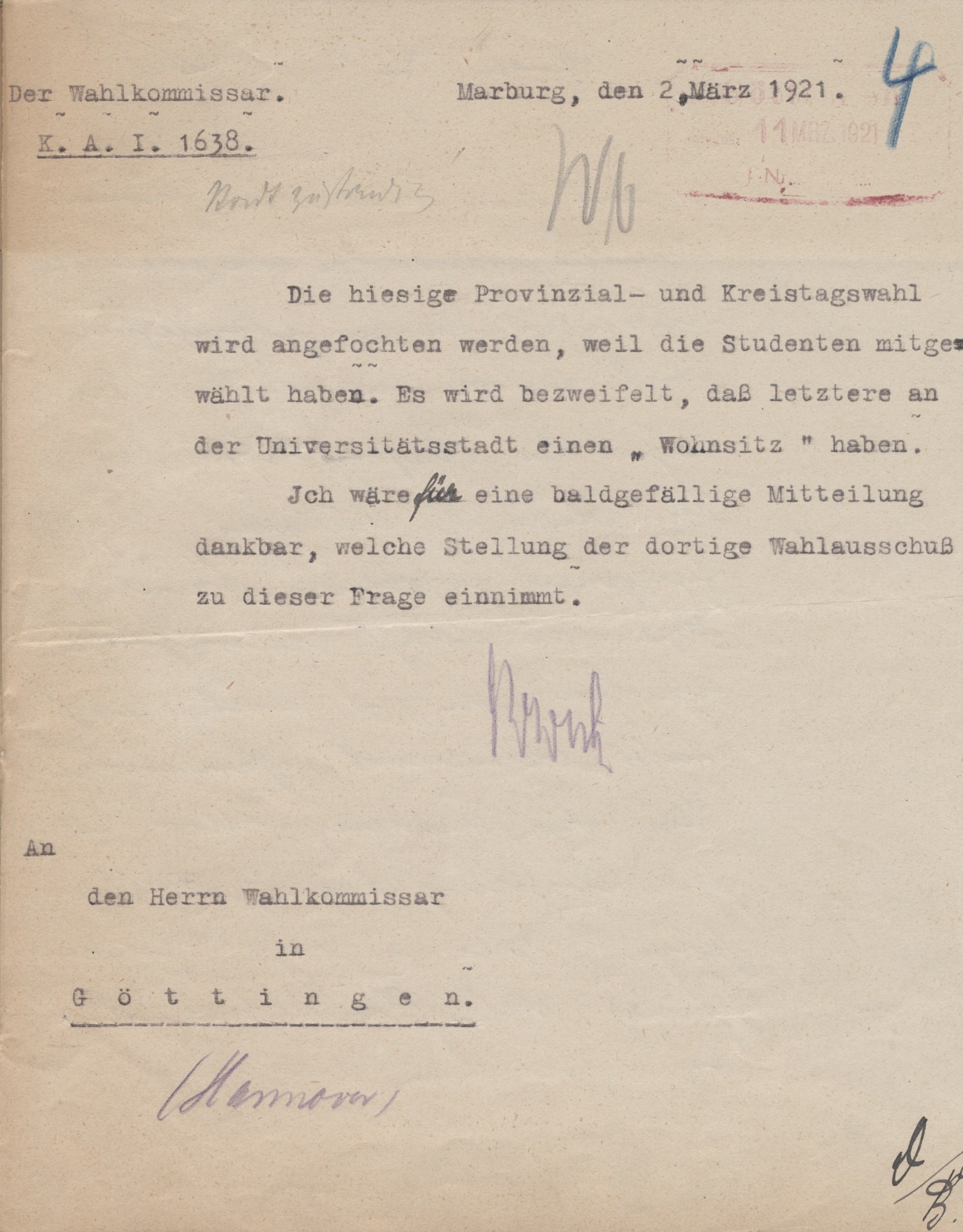 Anfrage zur Definition der Wohnsitze von Studenten vom 2. März 1921