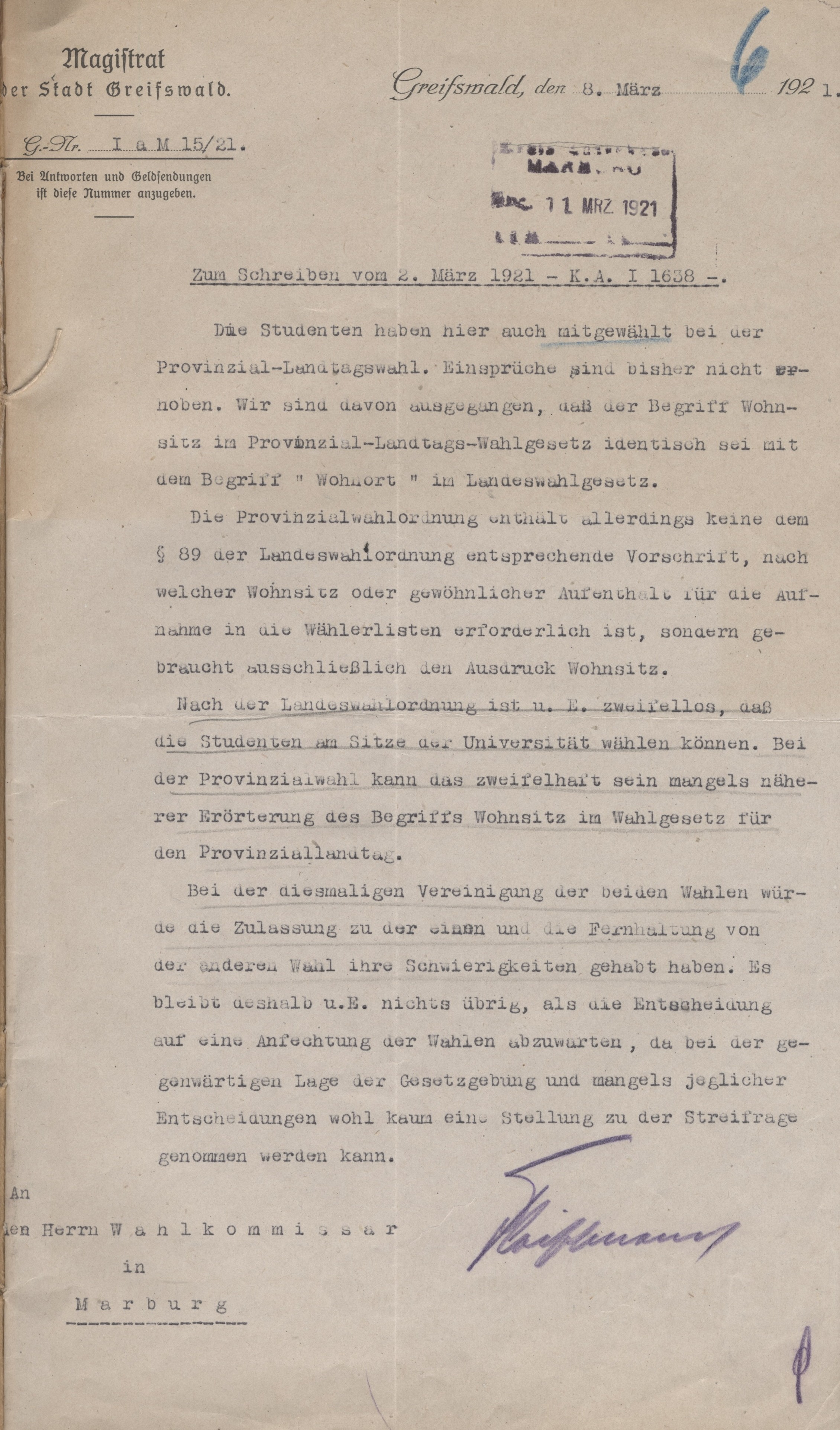 Antwort zur Definition der Wohnsitze von Studenten vom 8. März 1921
