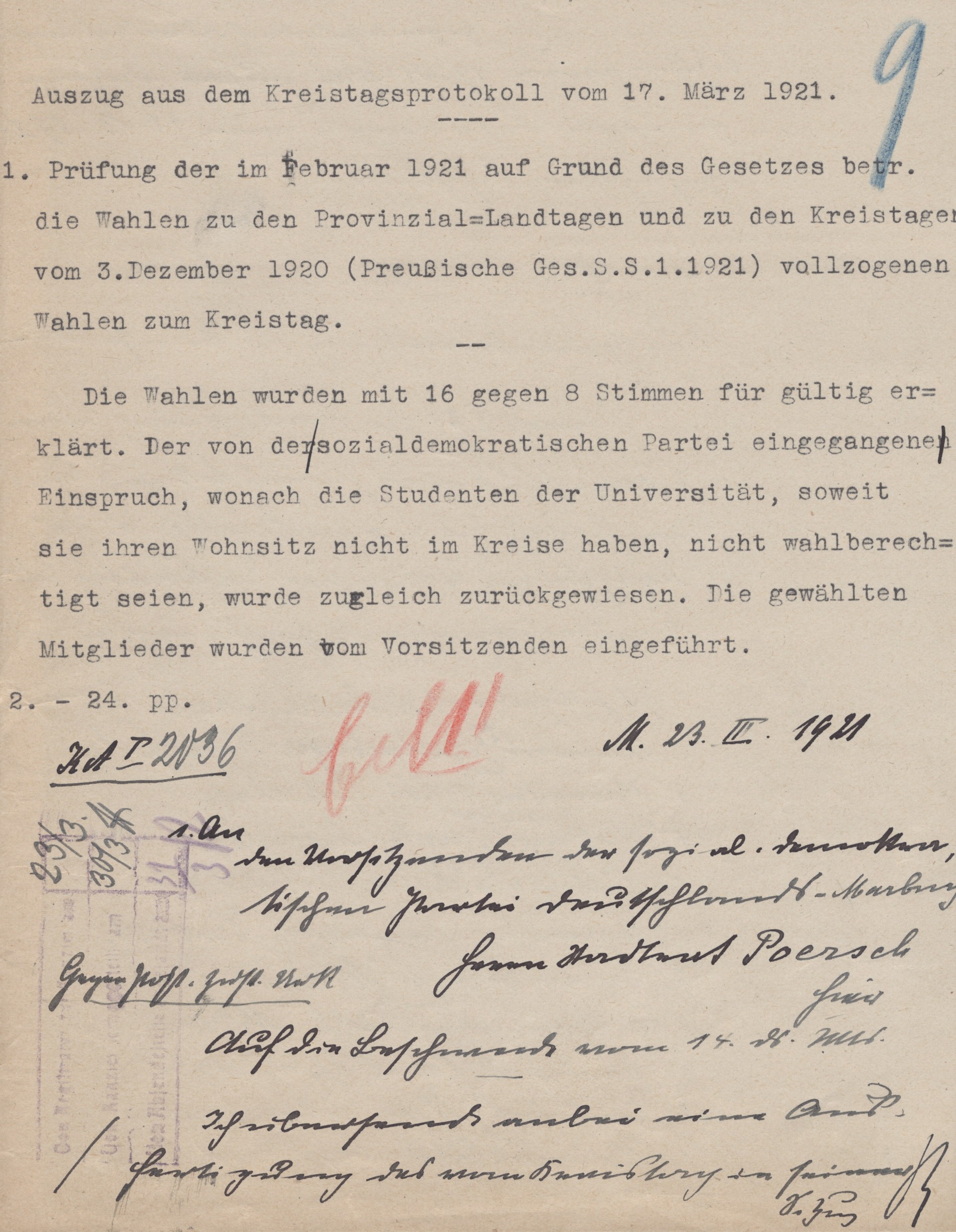 Auszug aus dem Kreistagsprotokoll vom 17. März 1921