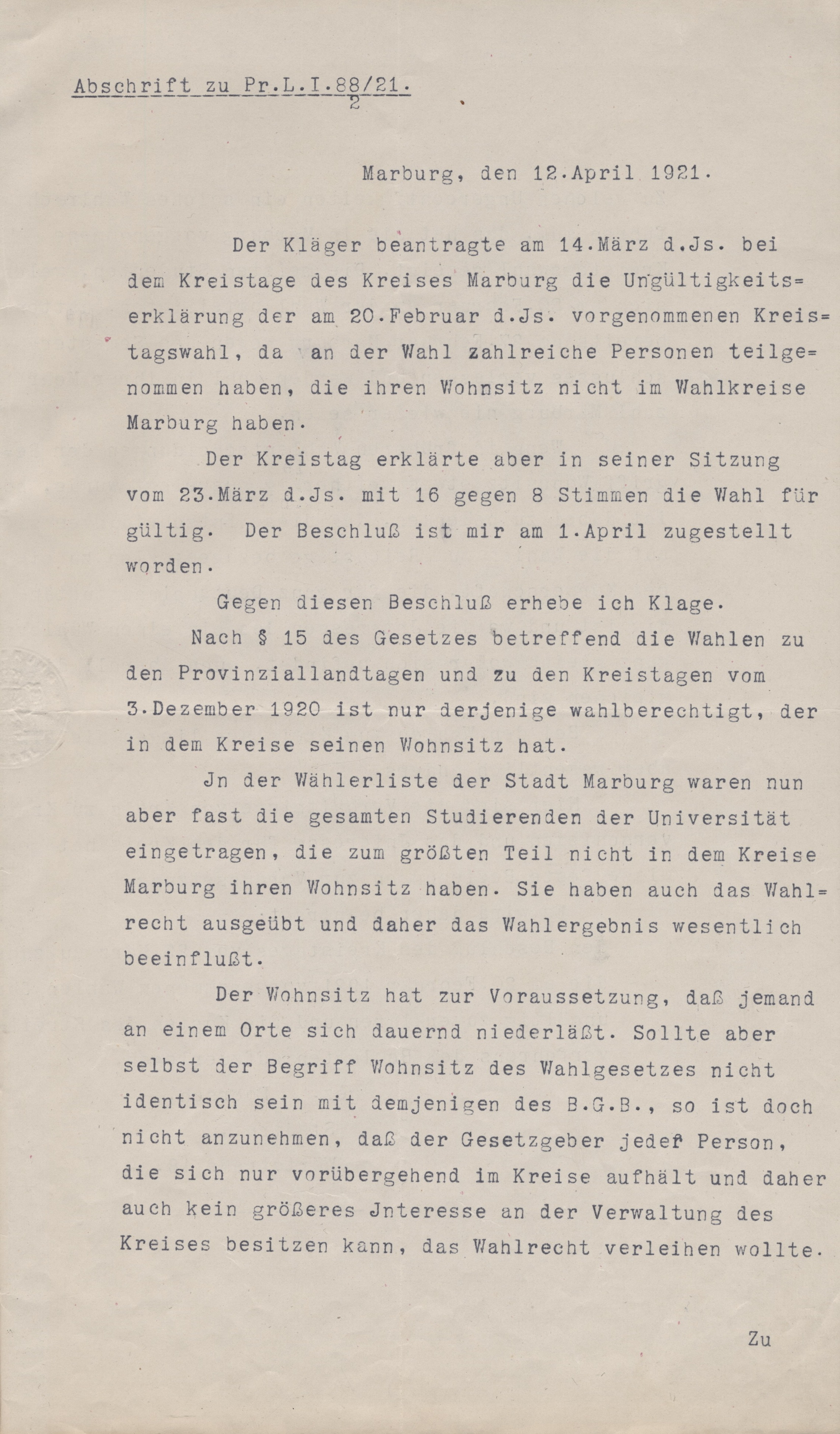 Klage gegen das Wahlergebnis vom 12. April 1921