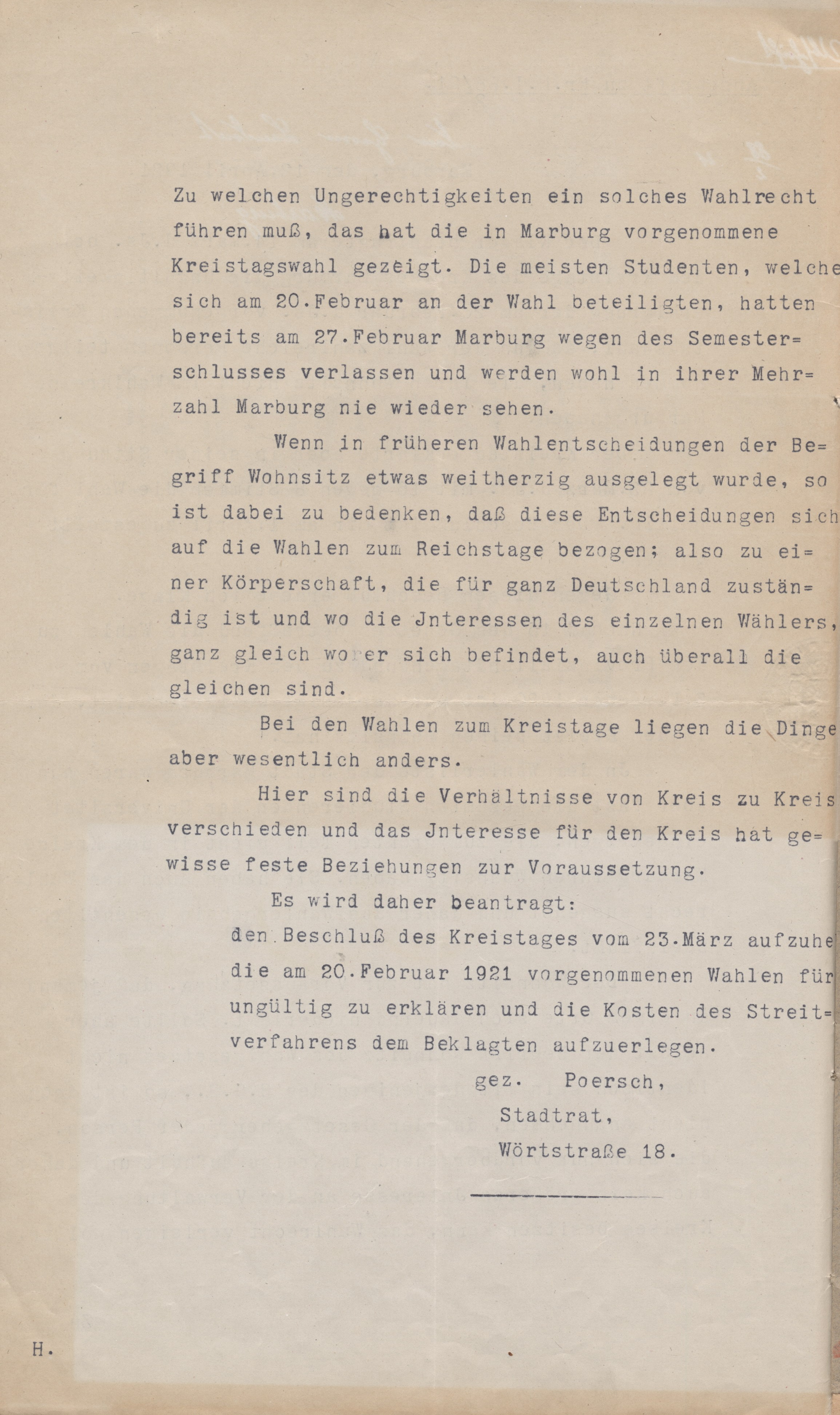 Klage gegen das Wahlergebnis vom 12. April 1921