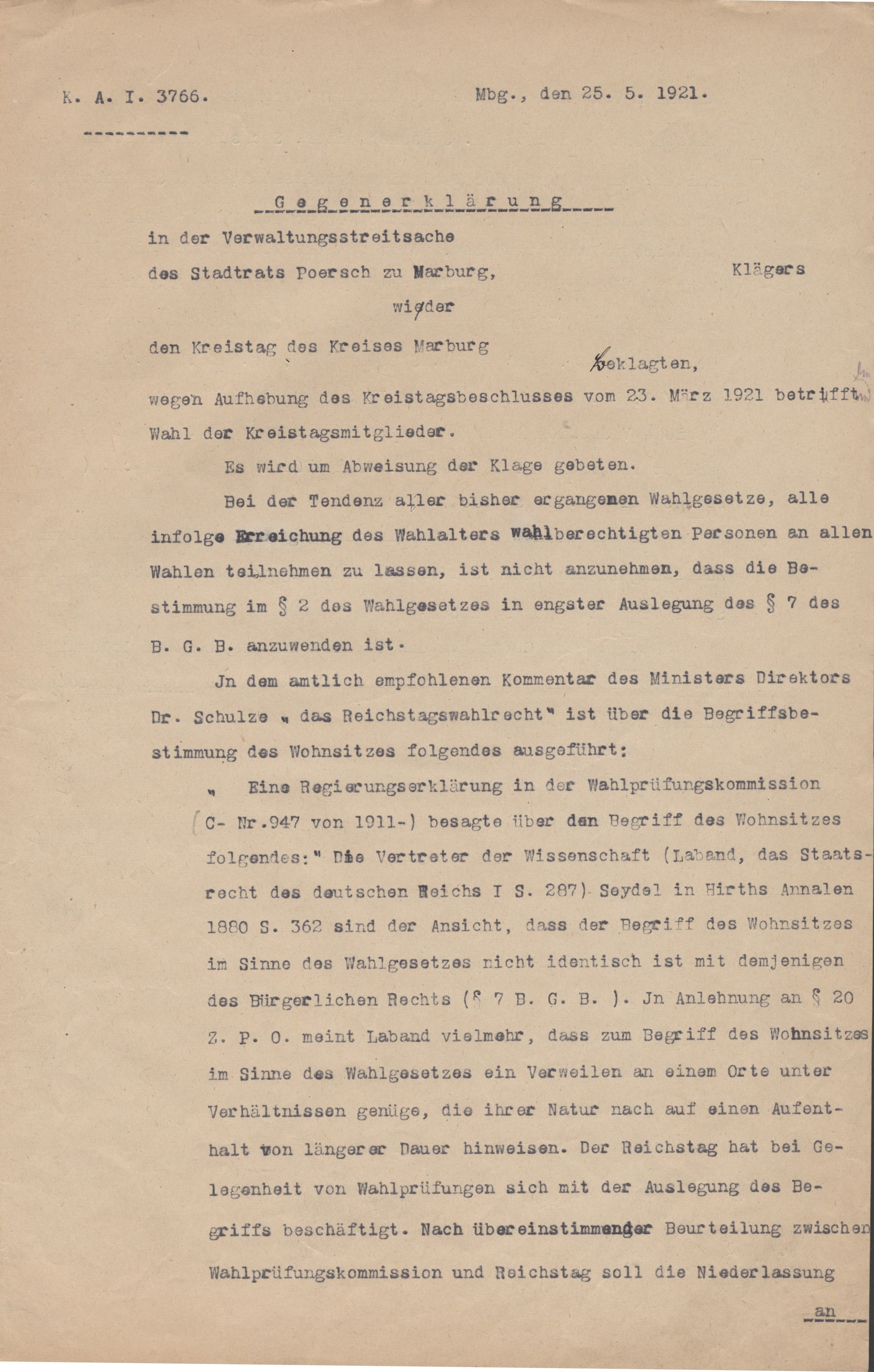 Antrag auf Abweisung der Klage gegen das Wahlergebnis vom 25. Mai 1921