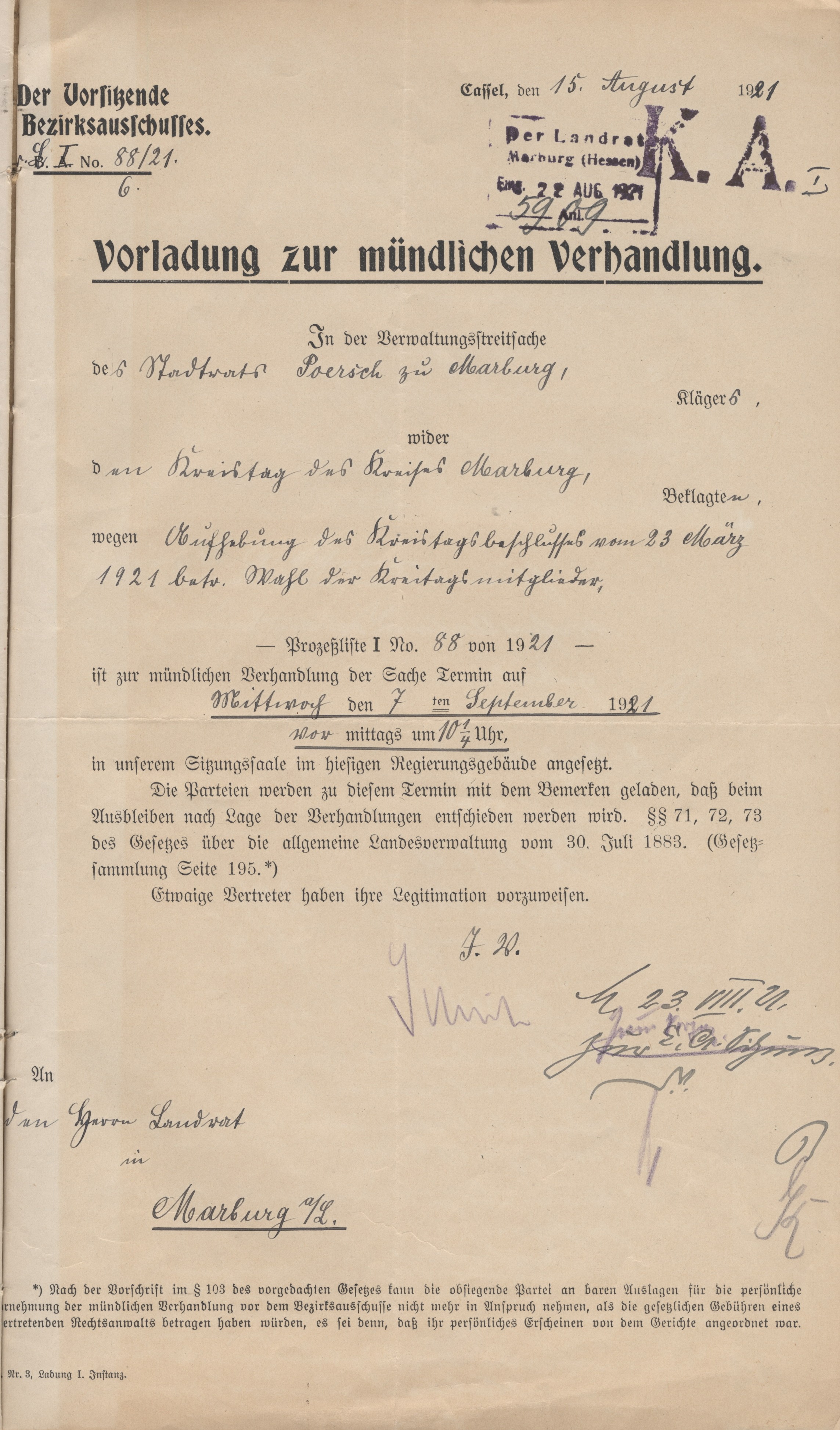 Vorladung zur mündlichen Verhandlung vom 15. August 1921