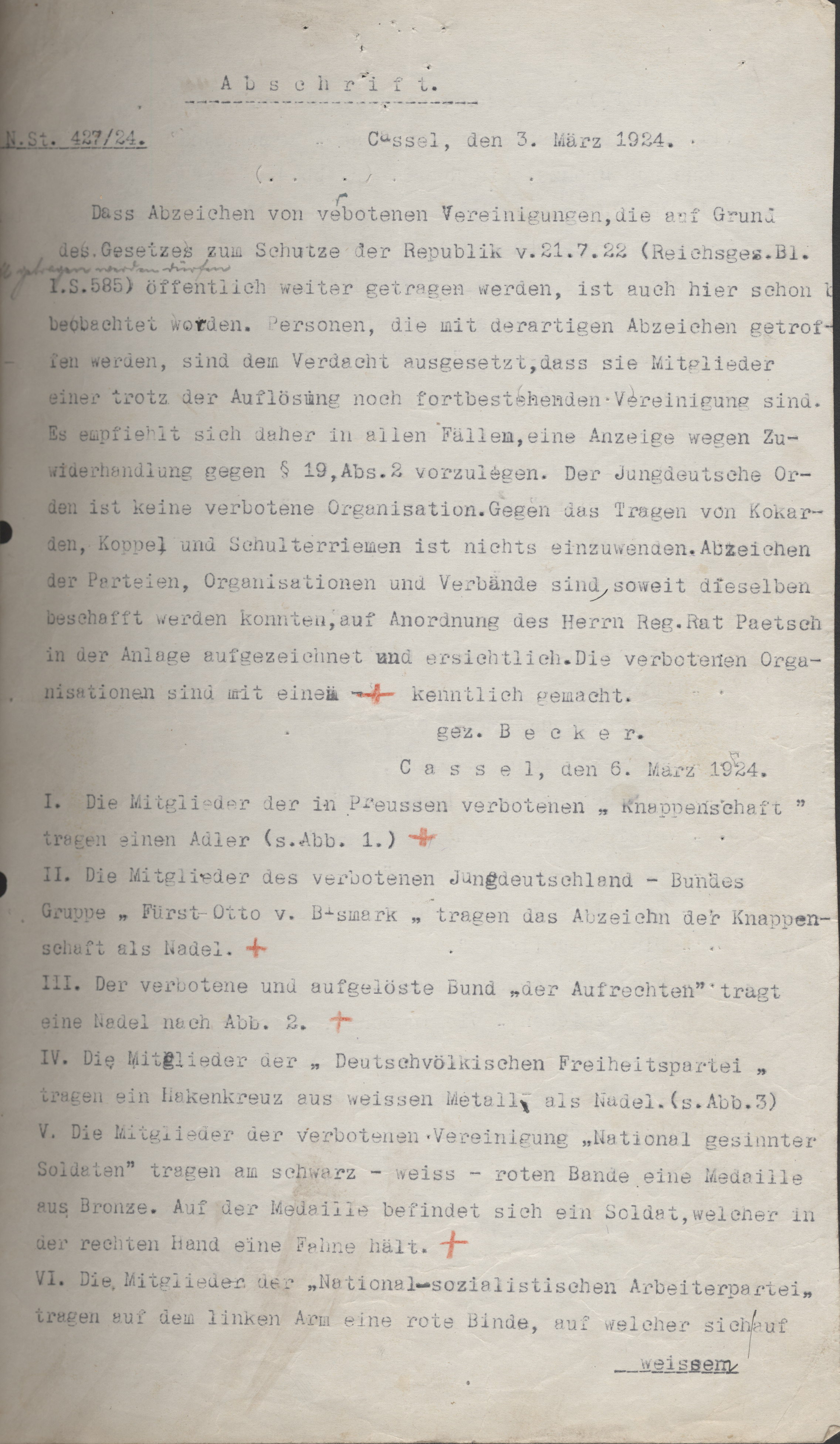 Liste der legalen und illegalen Abzeichen verschiedener Organisationen nach dem Republikschutzgesetz vom 3. März 1924