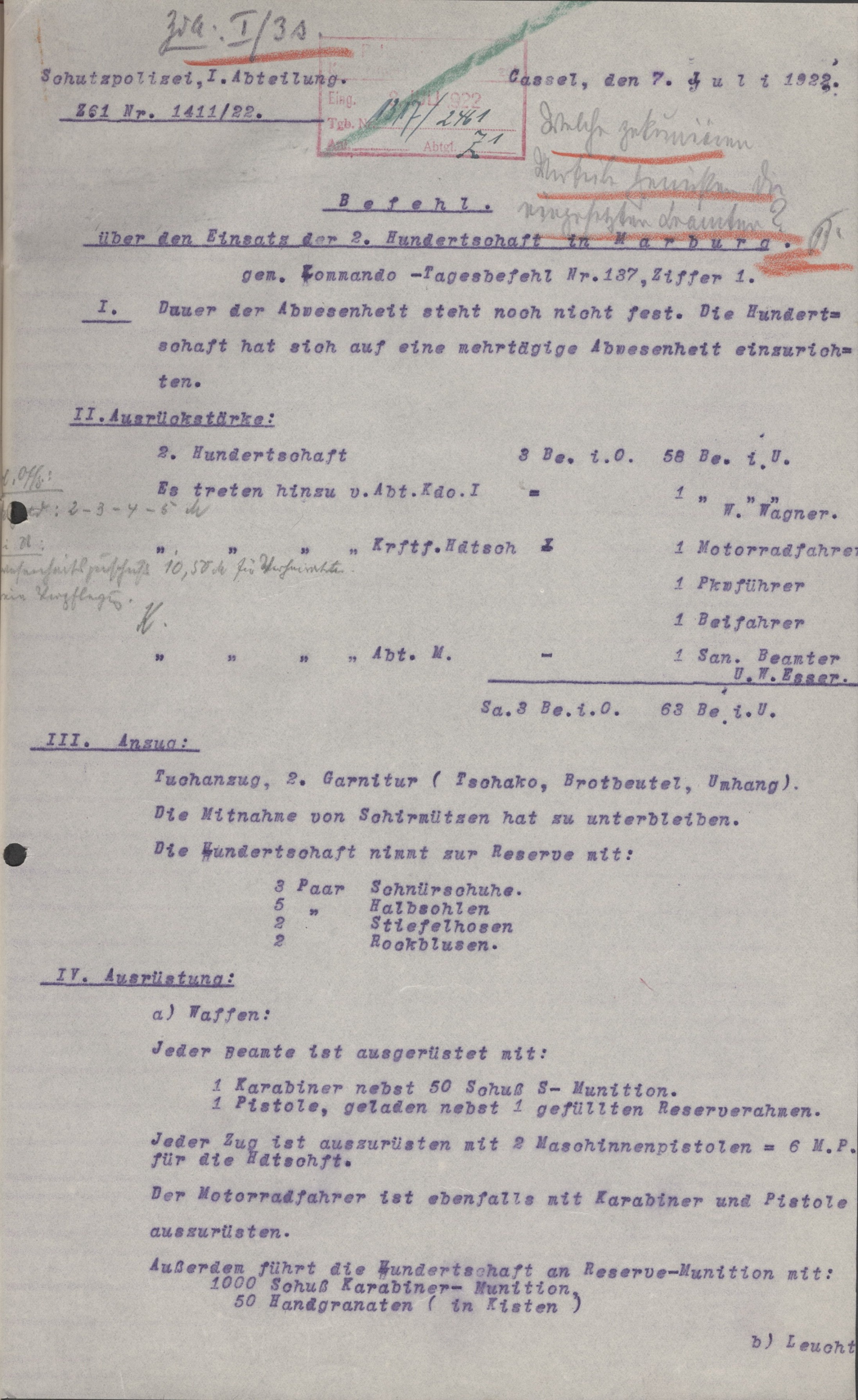 Einsatzbefehl der Schutzpolizei  für Marburg vom 7. Juli 1922