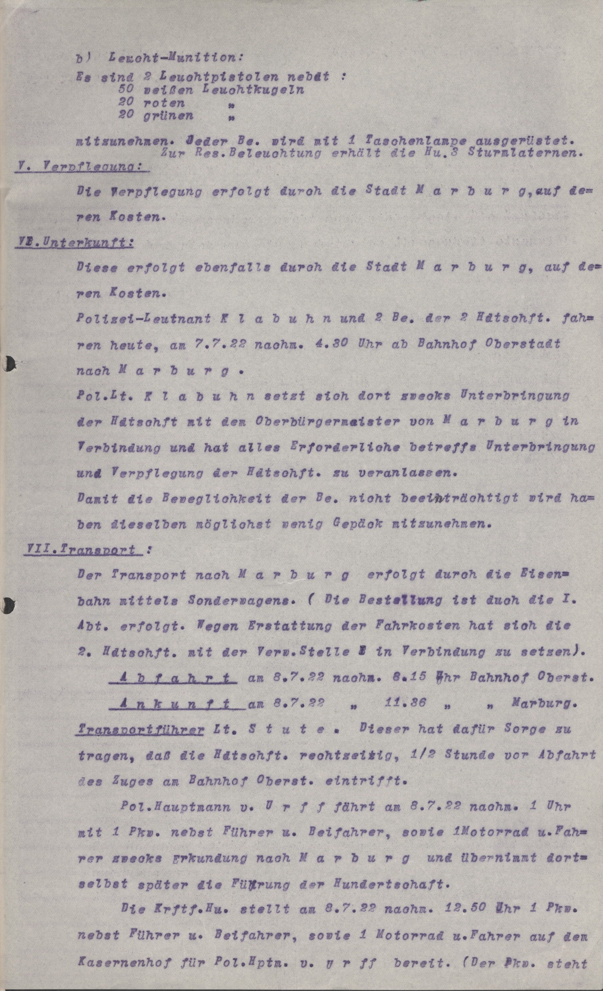 Einsatzbefehl der Schutzpolizei  für Marburg vom 7. Juli 1922