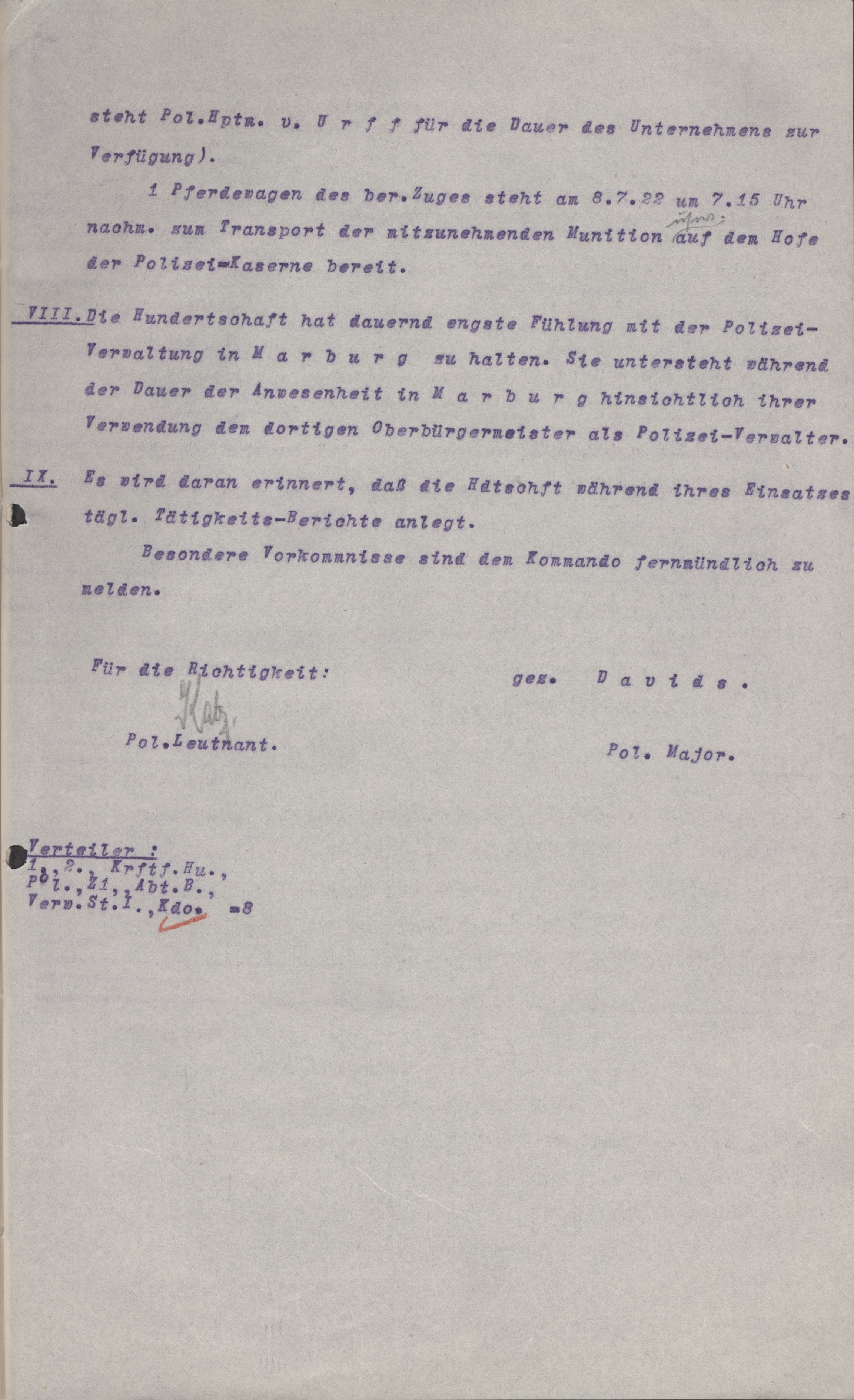 Einsatzbefehl der Schutzpolizei  für Marburg vom 7. Juli 1922