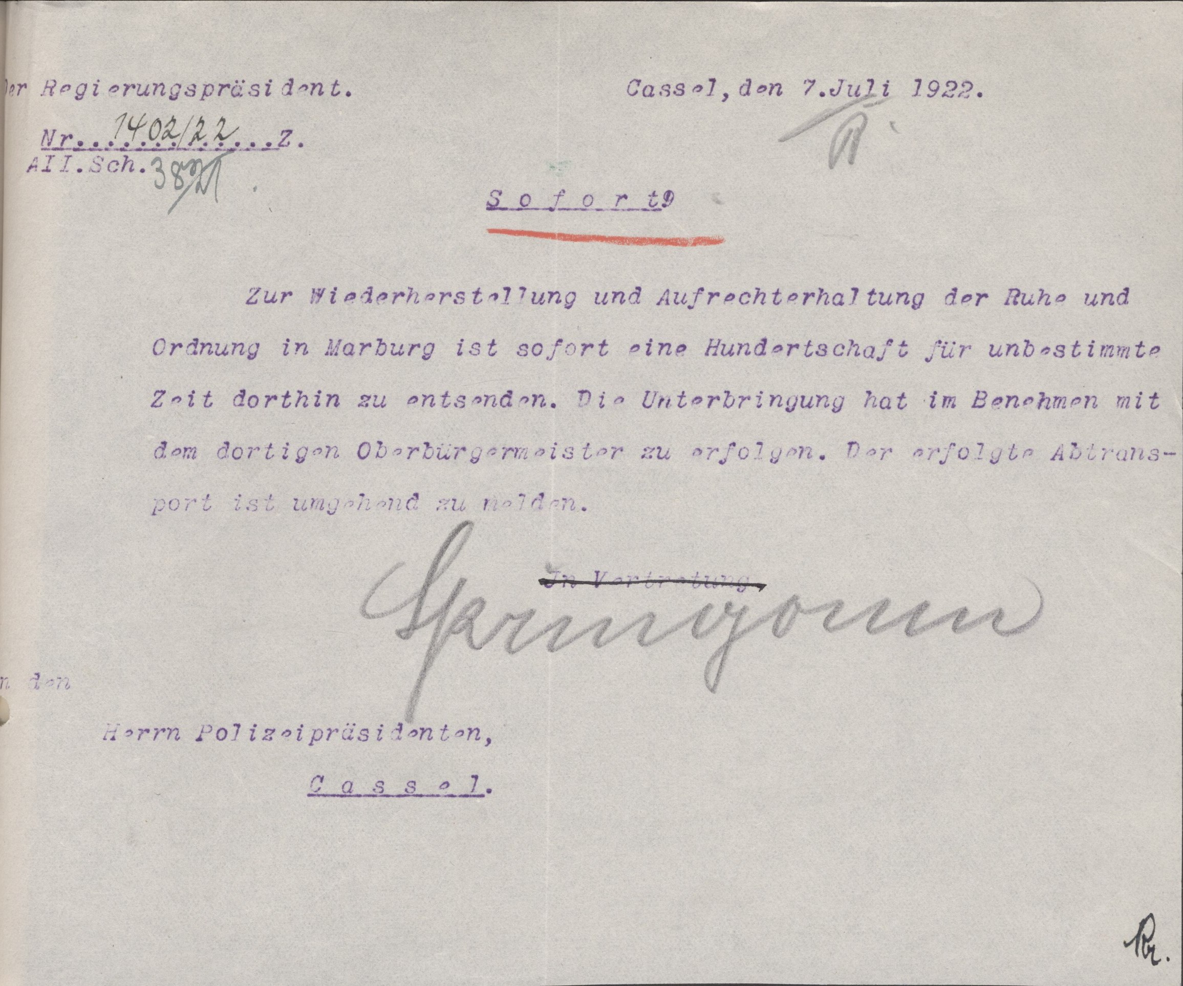 Einsatzbefehl der Schutzpolizei  für Marburg vom 7. Juli 1922