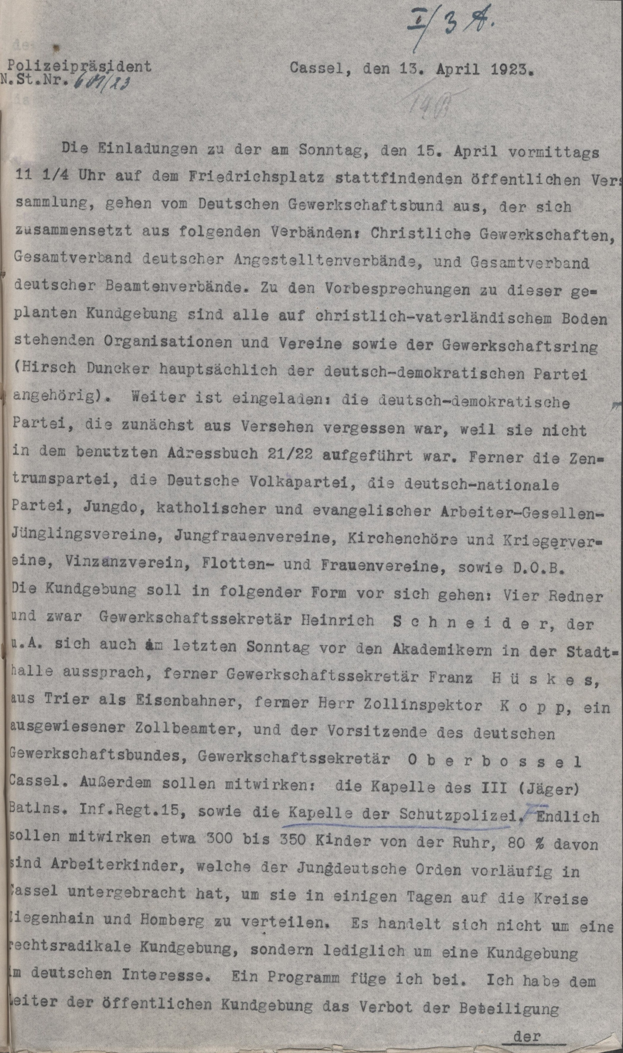 Demonstrationsanmeldung und Risikoeinschätzung vom 13. April 1923