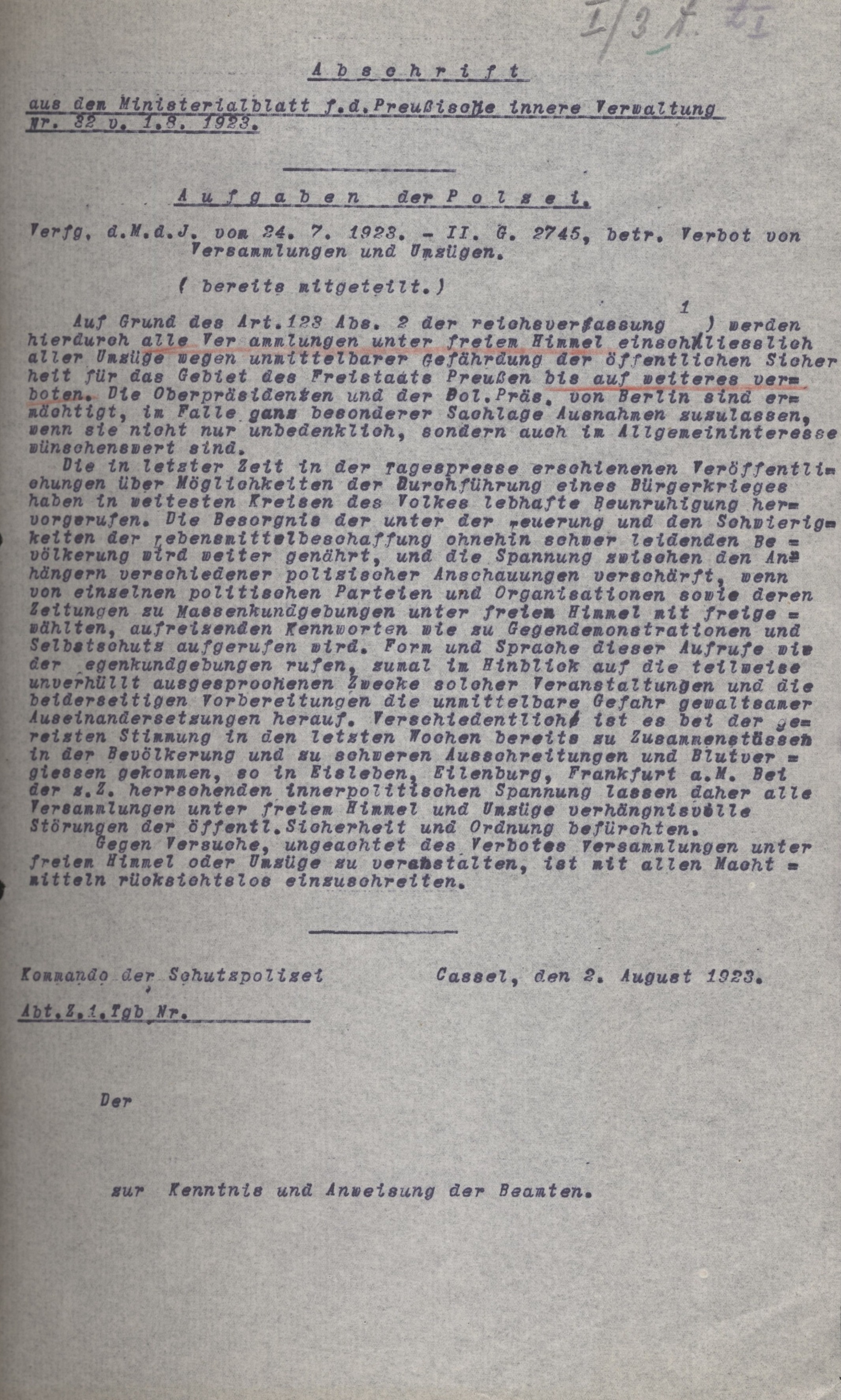 Aufgaben der Polizei vom 24. Juli 1923