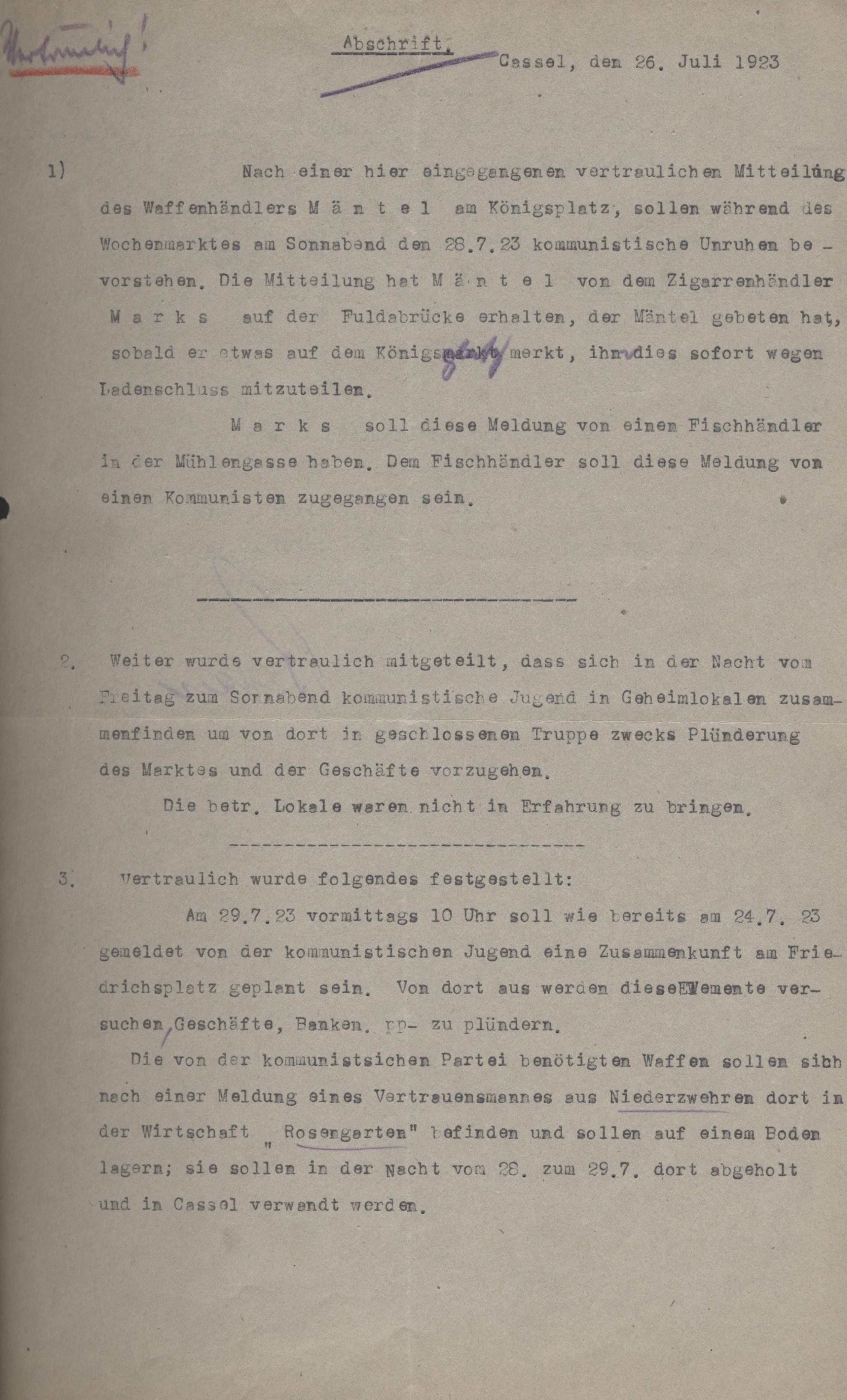 Verdacht für kommunistische Unruhen vom 26. Juli 1923