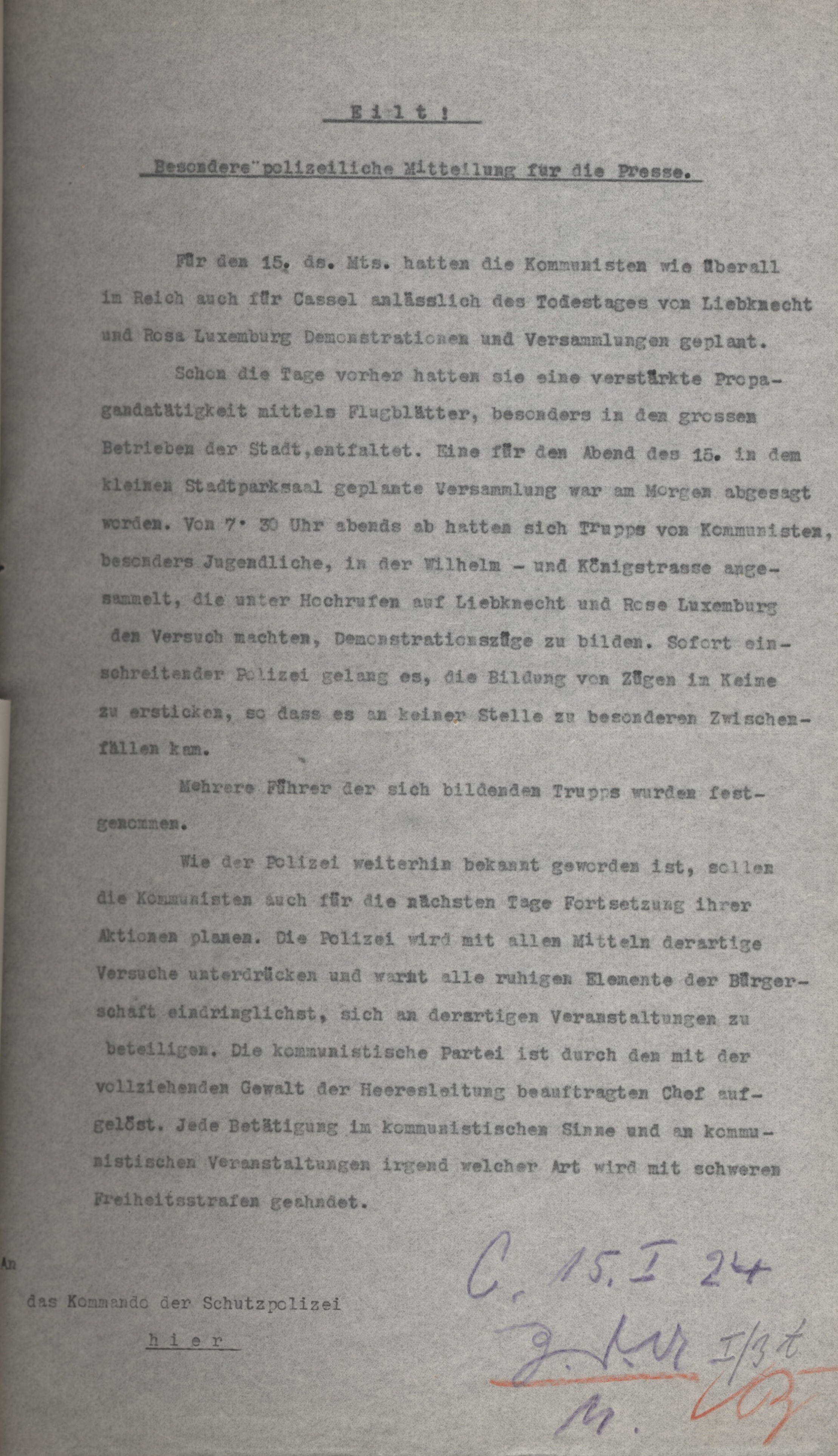 Besondere polizeiliche Mitteilung für die Presse vom 15. Januar 1924