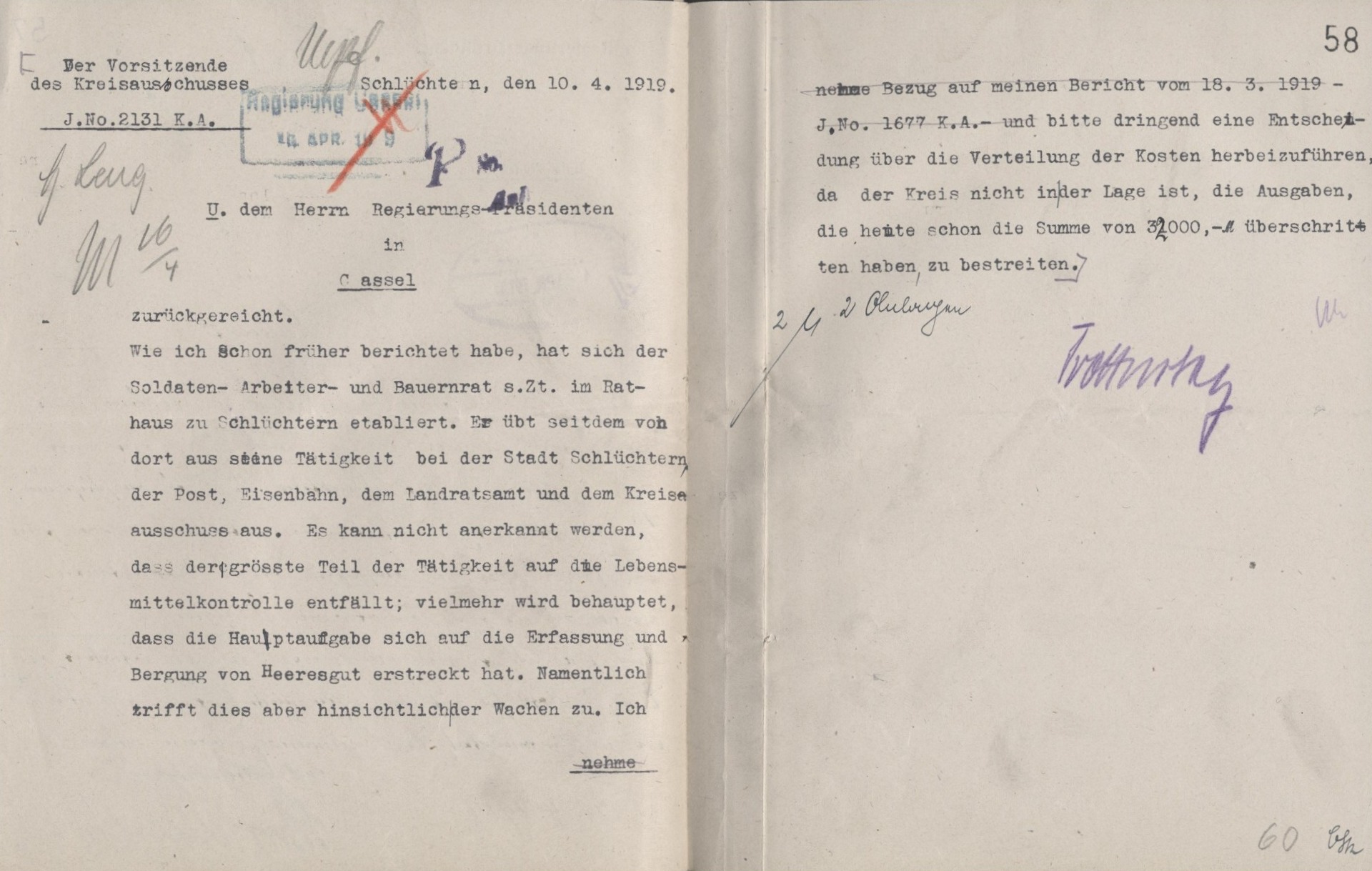 Bitte um Vergütung vom 10. April 1919