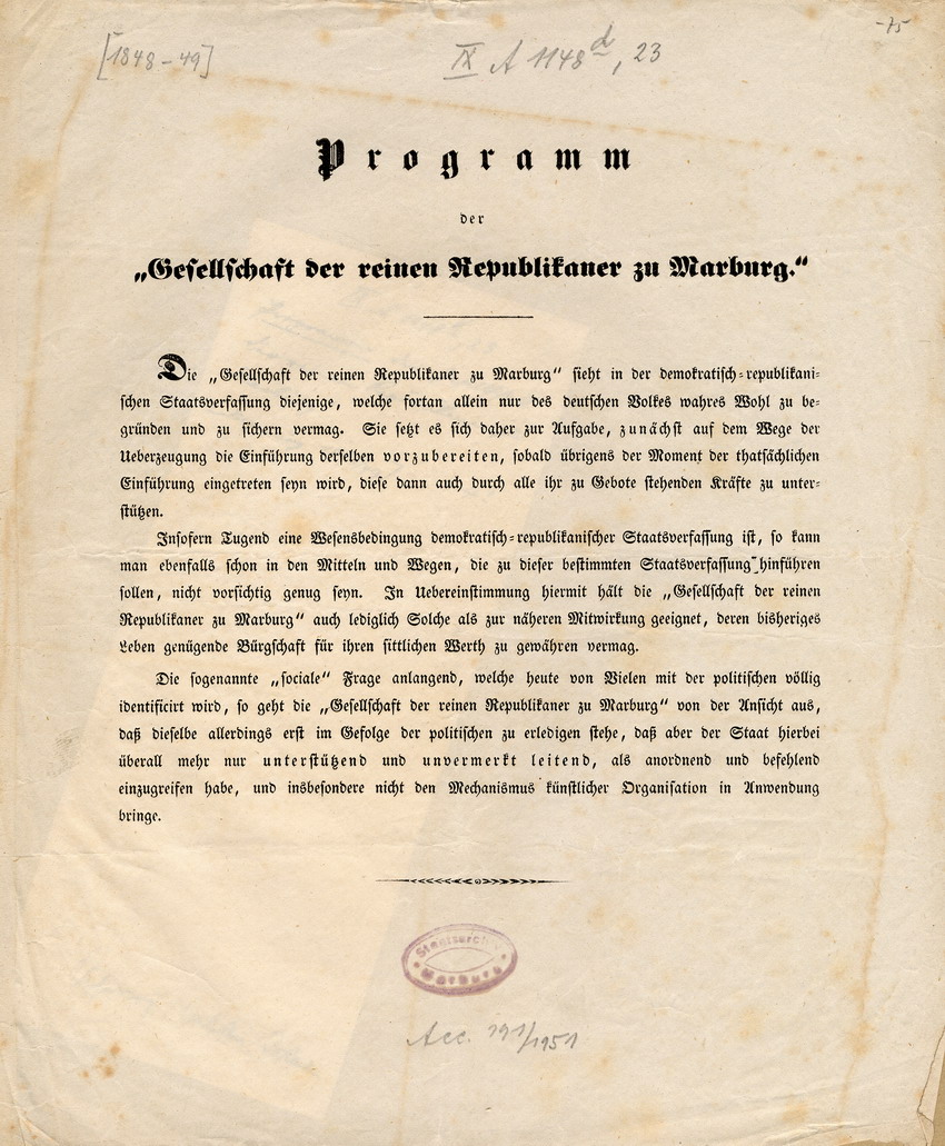 Programm der "Gesellschaft der reinen Republikaner zu Marburg", 1848-1849