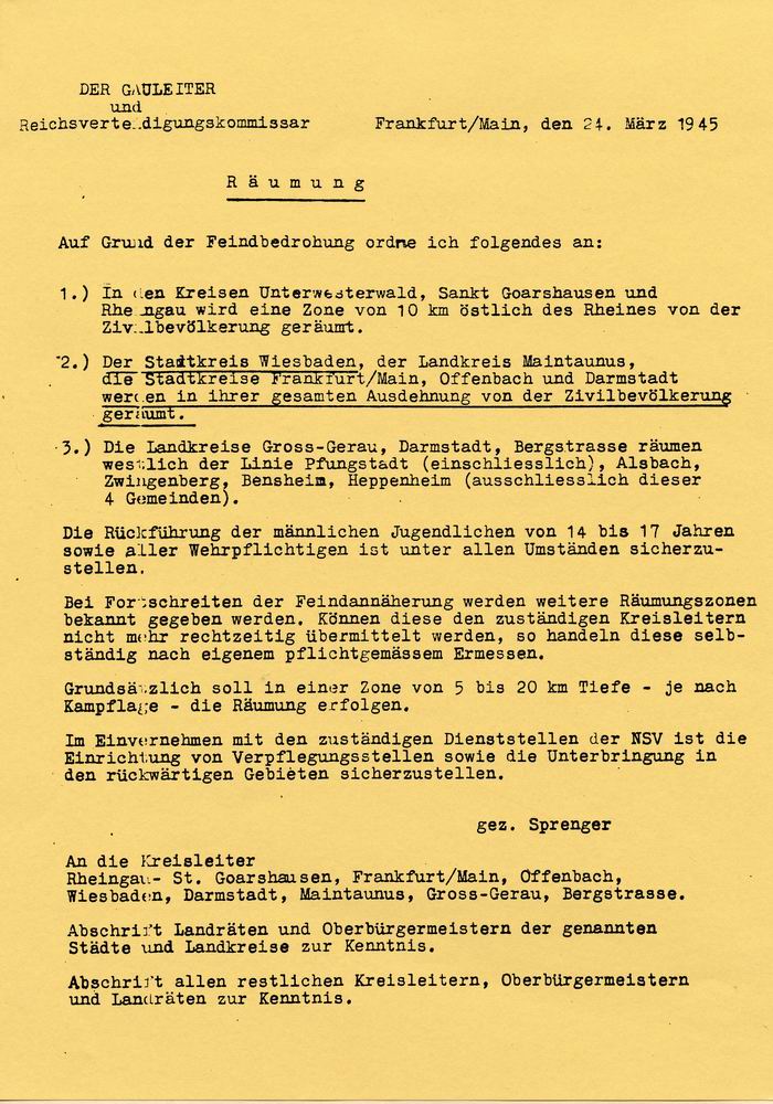 Bild zum Dokument Befehl des Gauleiters Sprenger zur Räumung hessischer Kreise u