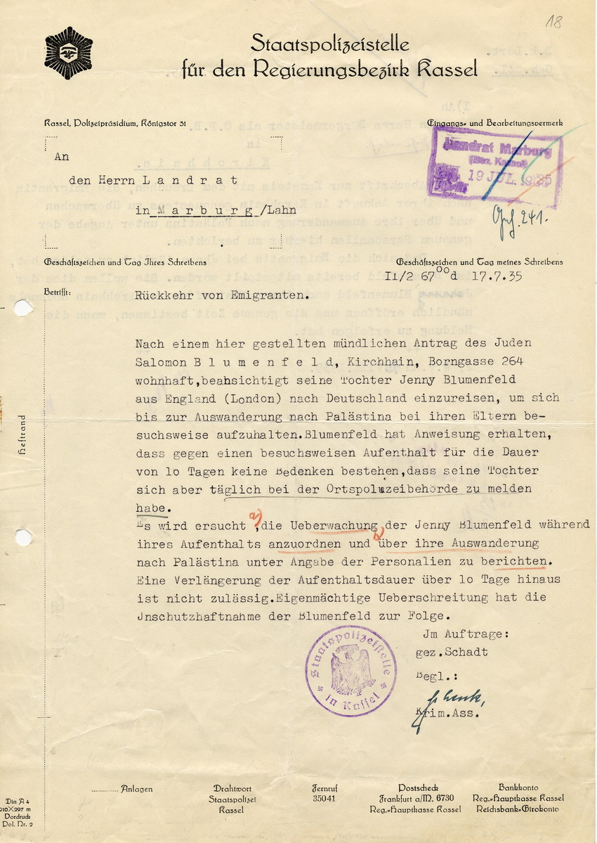 Schreiben der Staatspolizeistelle für den Regierungsbezirk Kassel an den Landrat in Marburg betreffend Einreise der Jüdin Jenny Blumenfeld aus England für einen Besuch bei ihren Eltern, 17. Juli 1935.