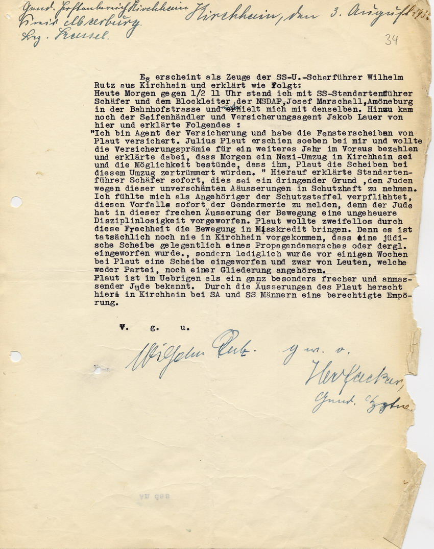 Zeugenaussage von SS-U.-Scharführer Wilhelm Rutz aus Kirchhain als Versicherer von Plaut betreffend Befürchtung der Zertrümmerung von Scheiben des Juden Plaut, 3. August 1935.