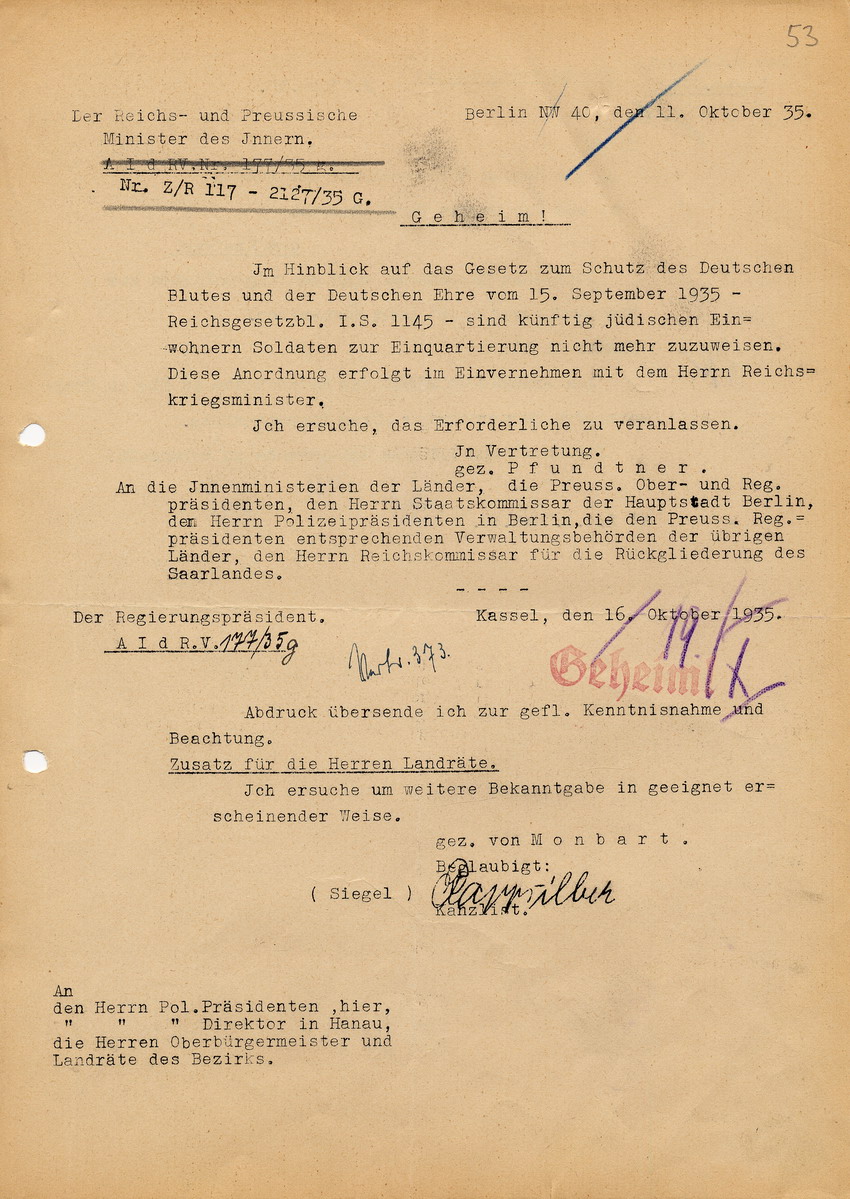 Geheime Anordnung des Reichs- und Preussischen Ministers des Innern betreffend Verbot der Einquartierung von Soldaten bei Juden, 11. Oktober 1935.