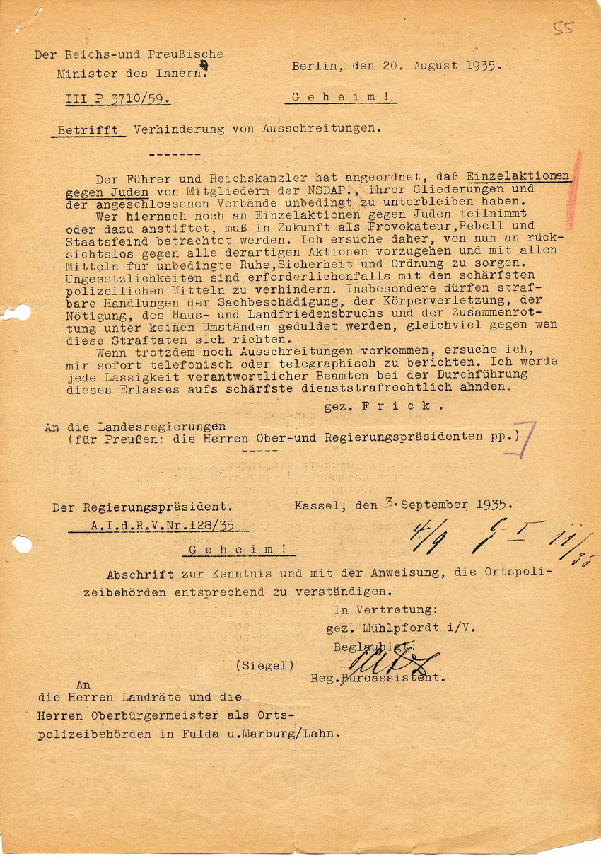 Geheime Anordnung des Reichs- und Preußischen Minister des Innern betreffend Verhinderung von Ausschreitungen durch das Verbot von Einzelaktionen gegen Juden, 20. August 1935.
