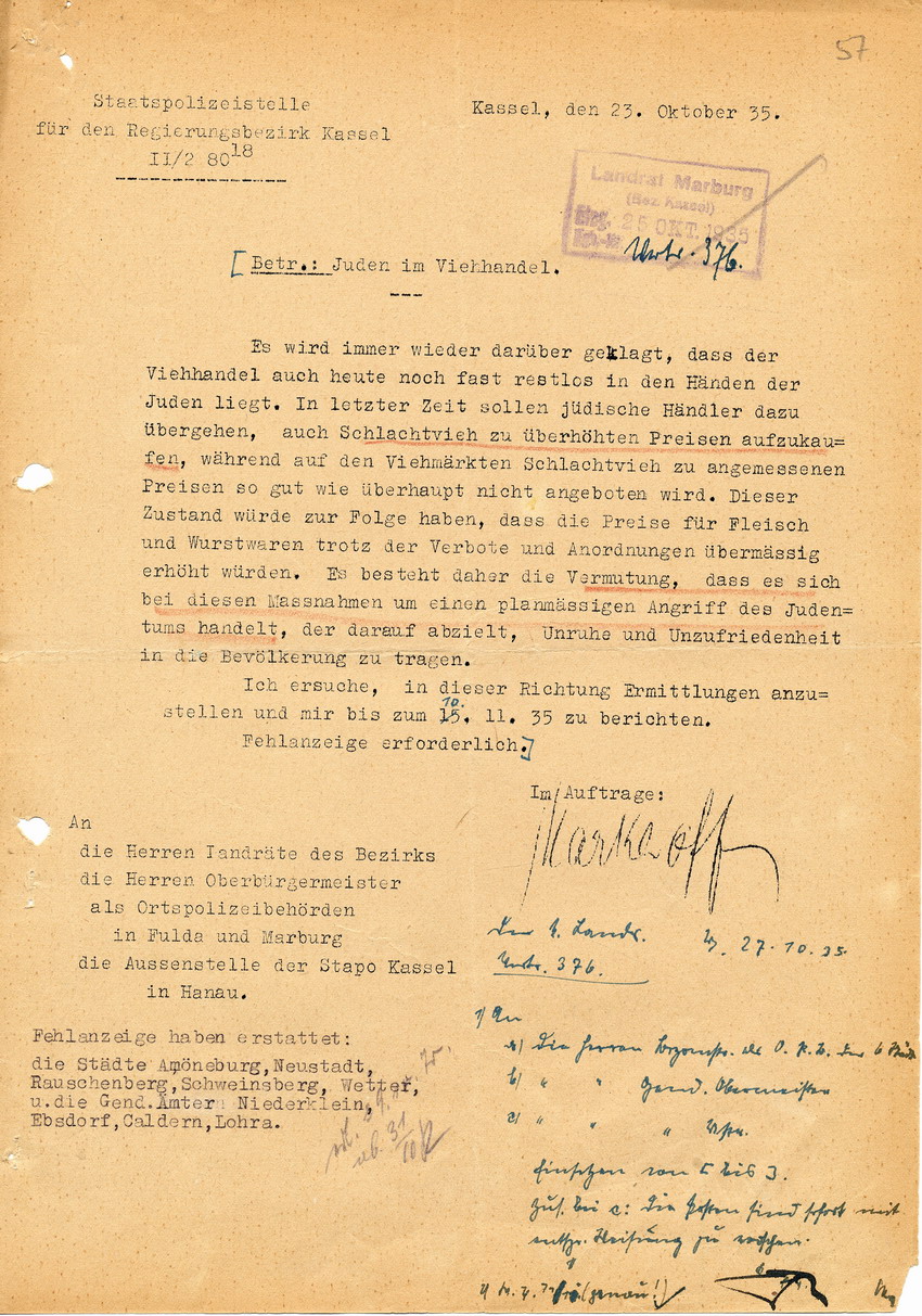 Schreiben der Staatspolizeistelle für den Regierungsbezirk Kassel betreffend vermuteter Angriff der Juden durch Aufkauf von Schlachtvieh zu überhöhten Preisen, 23. Oktober 1935.
