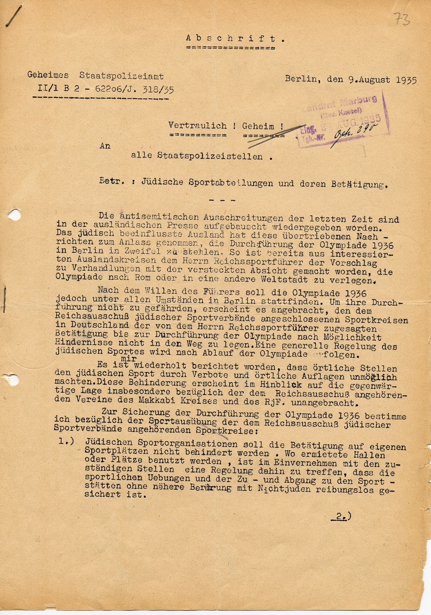 Vertrauliches und geheimes Schreiben des Geheimen Staatspolizeiamtes betreffend Betätigung jüdischer Sportorganisationen in Hinblick auf die Olympischen Spiele in Berlin, 9. August 1935.