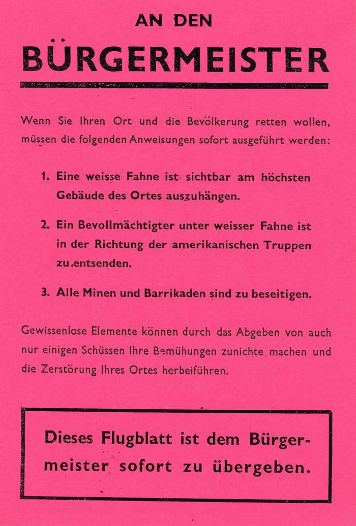 Bild zum Dokument Flugblatt an die Bürgermeister: Aufforderung zur kampflosen Ü