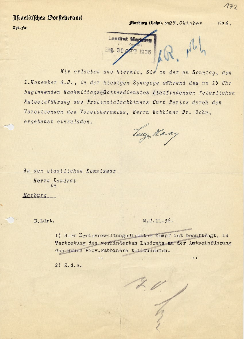 Einladung an den Landrat zur Amtseinführung des neuen Provinzialrabbiners , 29 Oktober 1936
