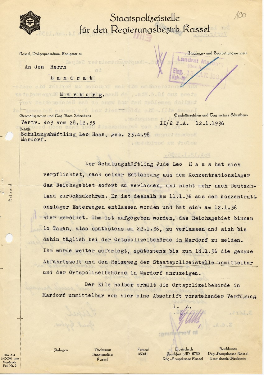 Verfügung der Staatspolizeistelle für den Regierungsbezirk Kassel an den Landrat in Marburg betreffend Entlassung des jüdischen "Schulungshäftlings" Leo Haas aus dem Konzentrationslager Esterwegen, 12. Januar 1936.