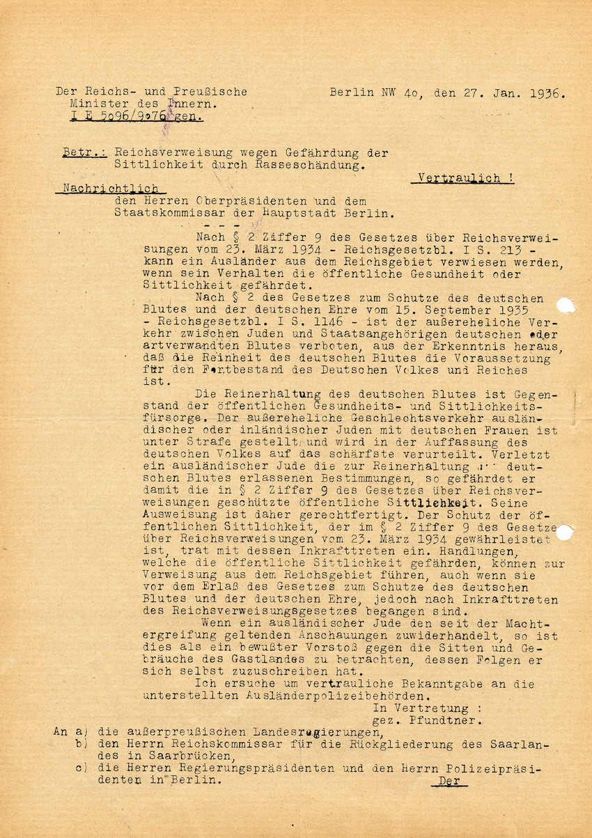 Schreiben des Reichs- und Preußischen Ministers des Innern betreffend Bestrafung des außerehelichen Verkehrs zwischen Juden und deutschen Staatsangehörigen, 27. Januar 1936.