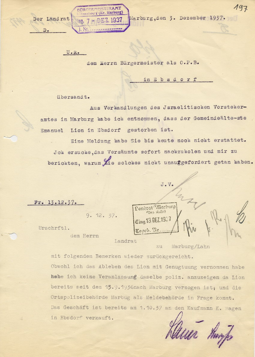 Brief des Landrats an den Bürgermeister in Ebsdorf wegen des ablebens eines jüdischen Gemeindeältesten, Antwortschreiben des Bürgermeisters, 3. Dezember 1937